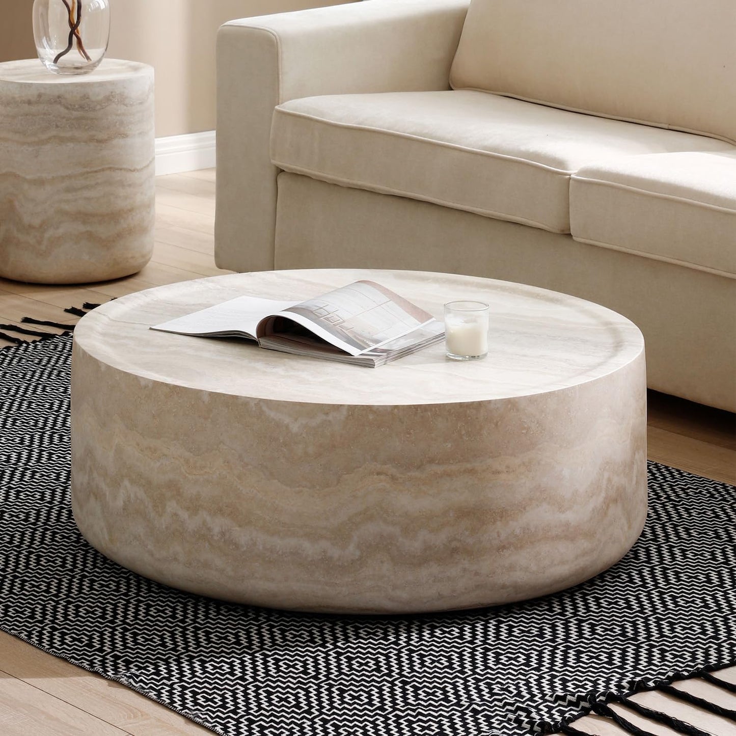 Faux Marble Coffee Table, Modern Round Coffee Table for Living Room, Circle Drum Coffee Side Tables, Fiberglass Center End Table for Small Place Apartment Office (31.49" Marble)