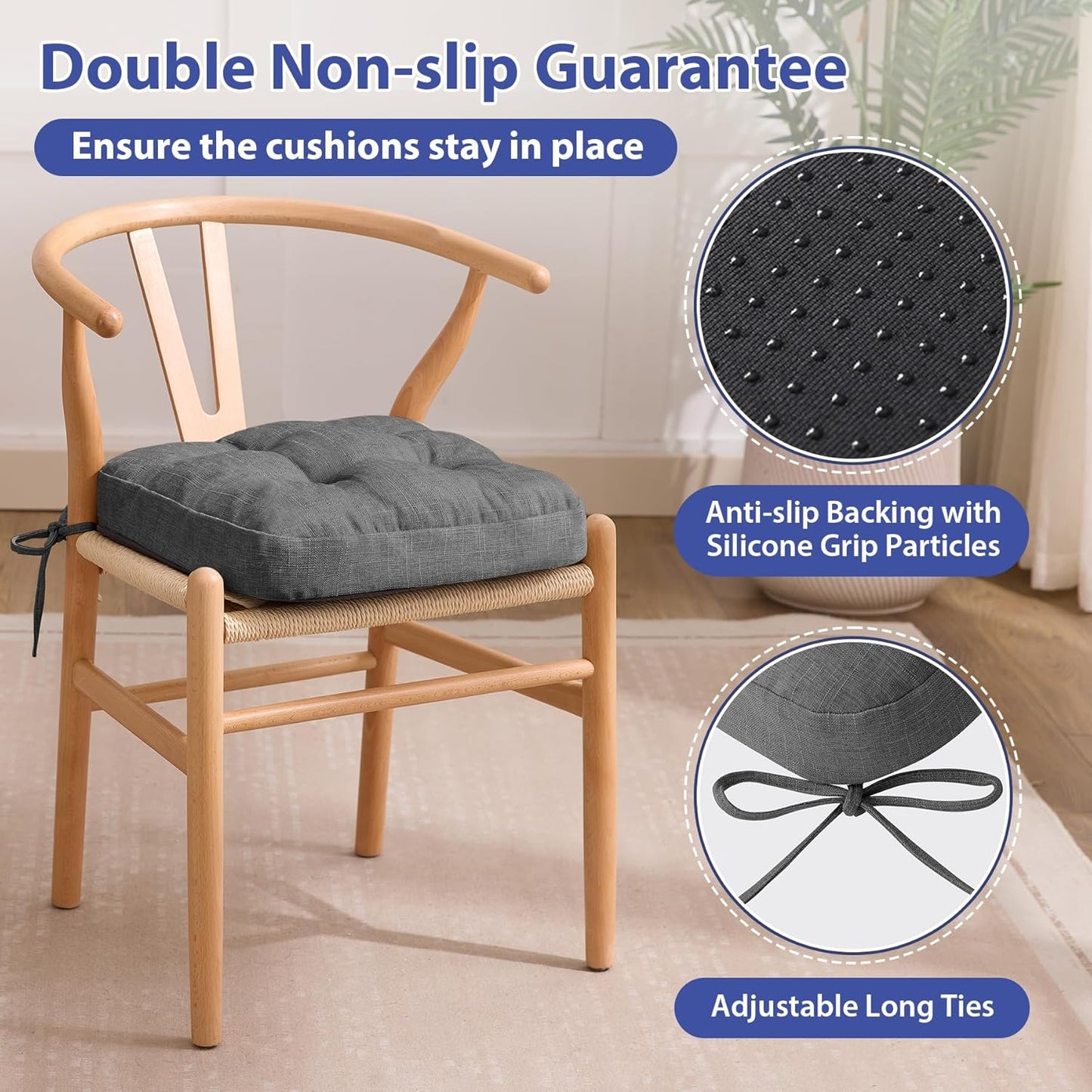 Chair Cushions for Dining Chairs, Dining Chair Cushions, Tufted Indoor Chair Pads with Ties & Non Slip Backing, Seat Cushions for Kitchen Chairs 16.5” x 16.5” x 3.5”, Set of 6, Grey