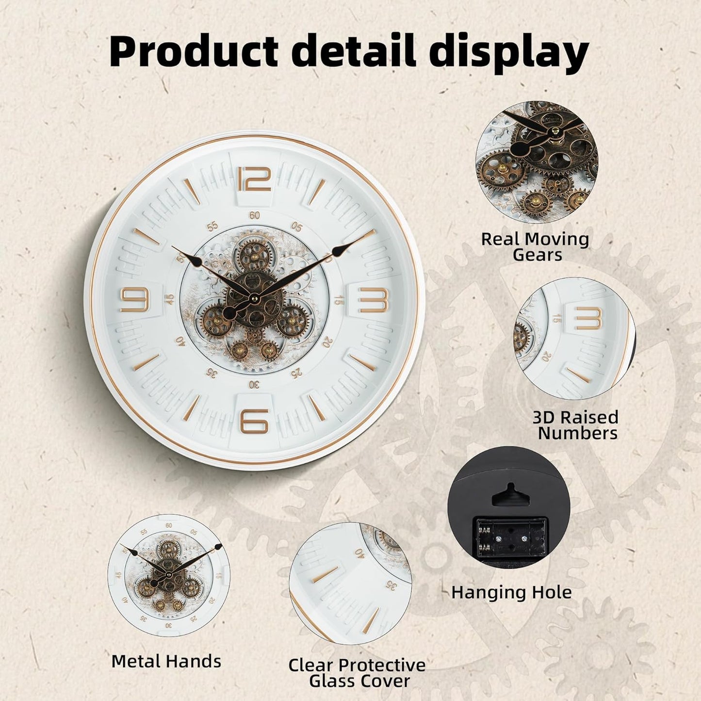 Maxstar Large Vintage Moving Gear Wall Clock, 20''Battery Operated Industrial Steampunk Metal Decor for Living Room, Office,Fireplace, Farmhouse(Arabic Number-Platinum Coating)