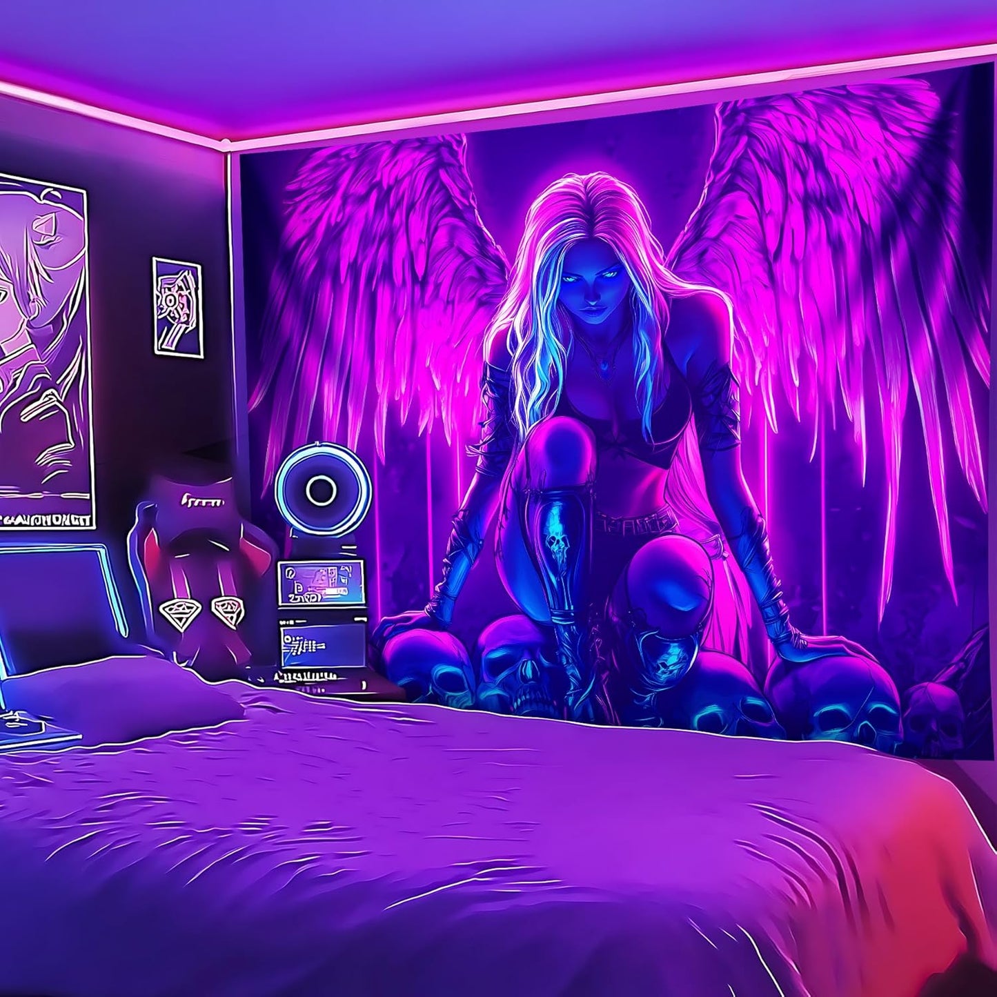 Blacklight Tapestry,WingTapestry Glow In The Dark,UV Reactive Black Light Upright Posters Wall Hanging for Bedroom Dorm Living Room Backdrop Decor (wing8, 90L" x 70W")