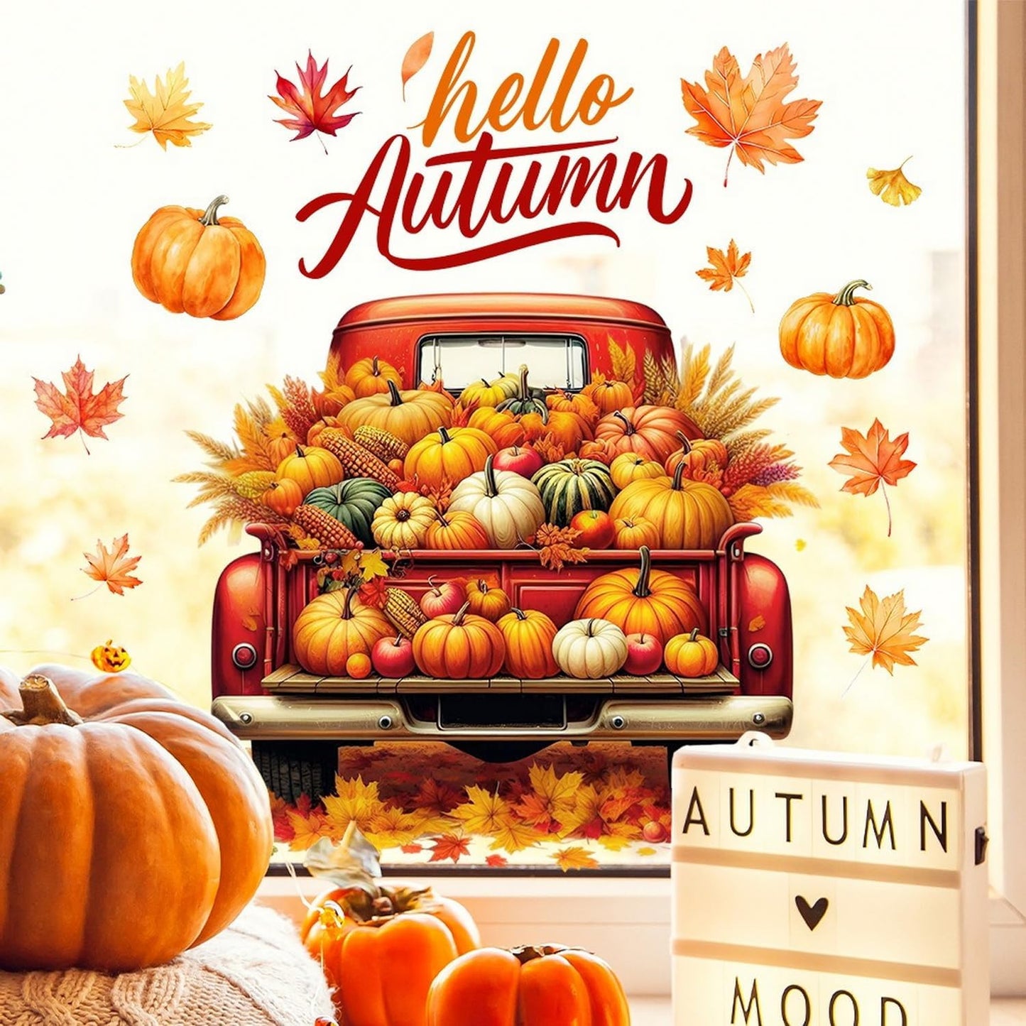 Fall Window Clings for Glass Thanksgiving Static Cling Window Decals 1PCS Pumpkin Maple Leaves Autumn Reusable Window Stickers Home School Office Decorations