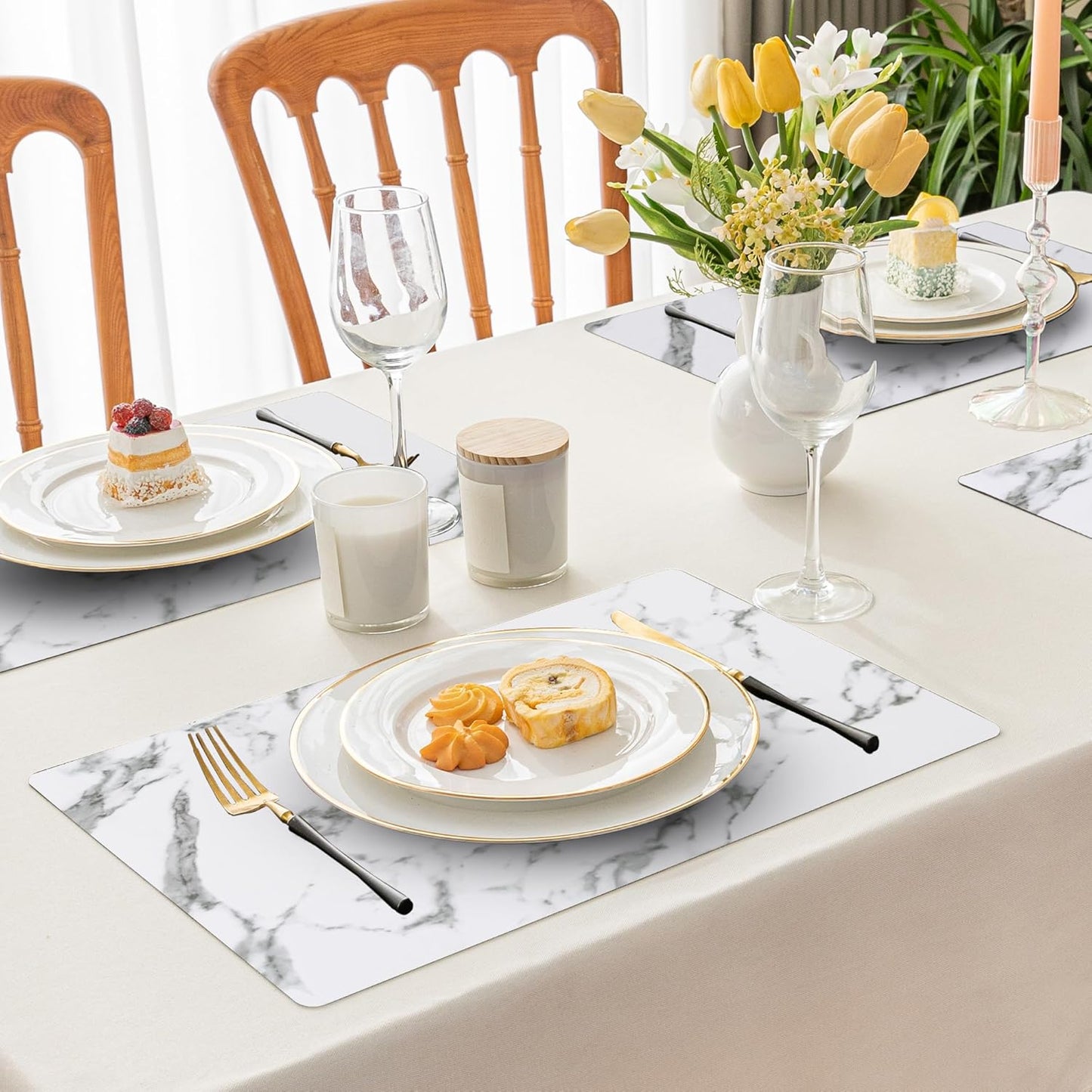 Romanstile Vinyl Placemats Set of 8-12 X 18 Inch - Heat Resistant Place Mats 100% Waterproof Oilproof Wipeable Reversible Faux Leather Table Mats for Kitchen/Dining/Party/Outdoor, Marble