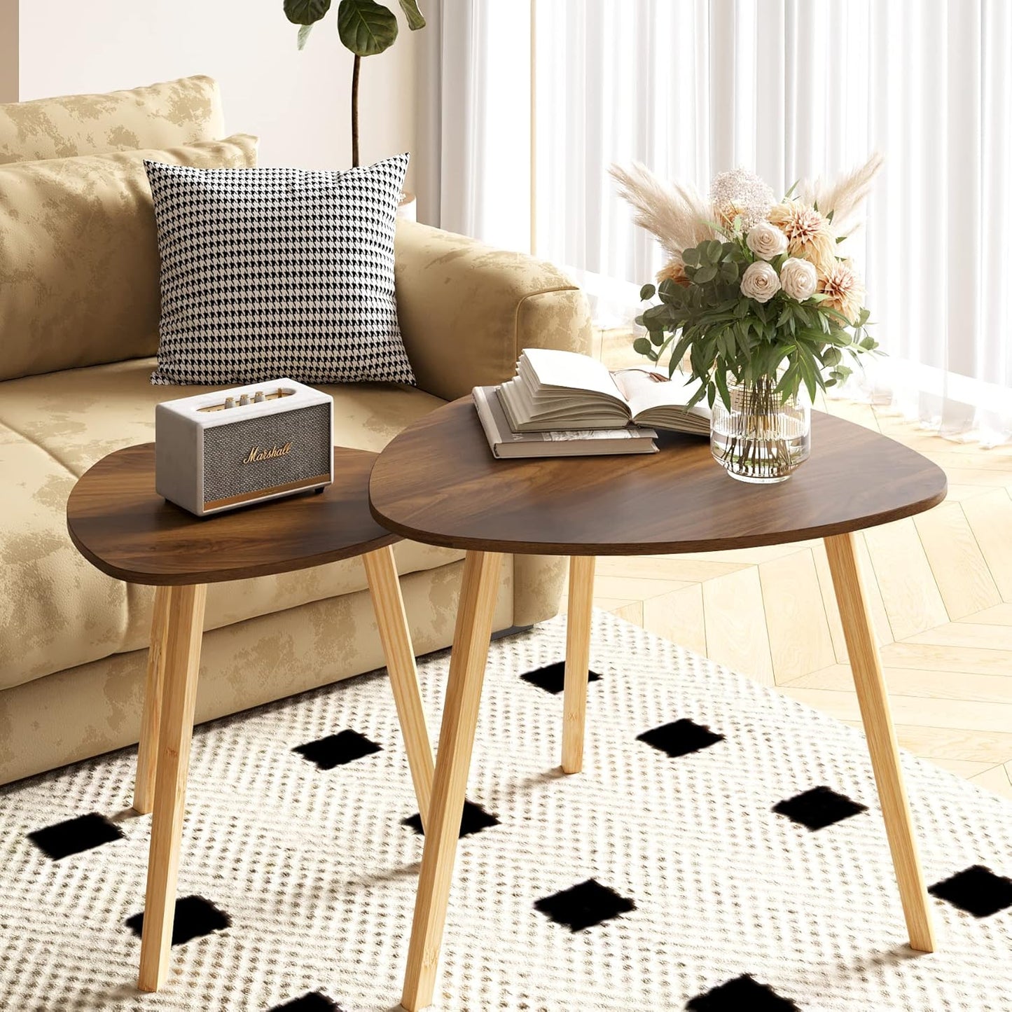 BAMEOS Bamboo Nesting Triangle End Table,Set of 2 Coffee Table Modern Minimalist Side Table for Living Room (Walunt)