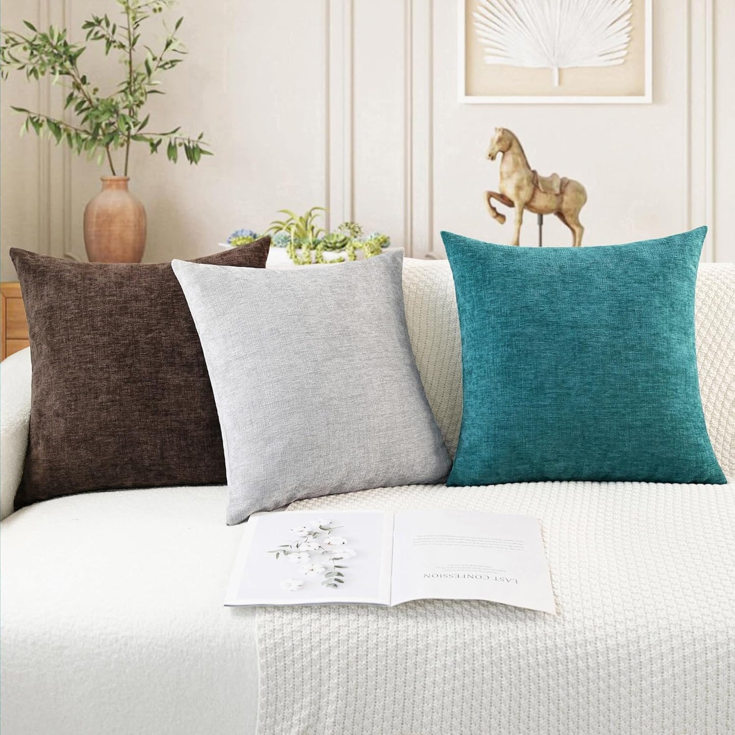 CaliTime Throw Pillow Covers Decorative 16 X 16 Inches Pack of 2 Cozy Chenille Cushion Cases for Couch Sofa Bed Living Room Home Teal