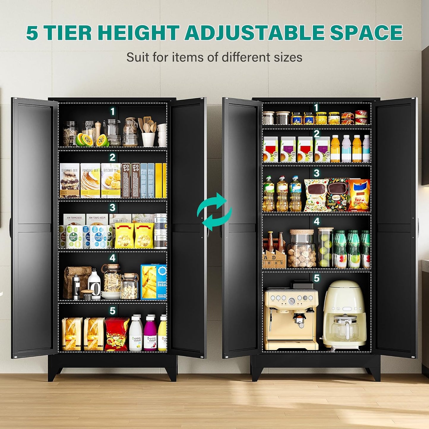 75" Tall Pantry Cabinet,Farmhouse Kitchen Pantry Storage Cabinets with 2 Doors and 5 Shelves,Black Metal Storage Cabinet,Large Cupboard for Home,Kitchen,Dining/Living Room