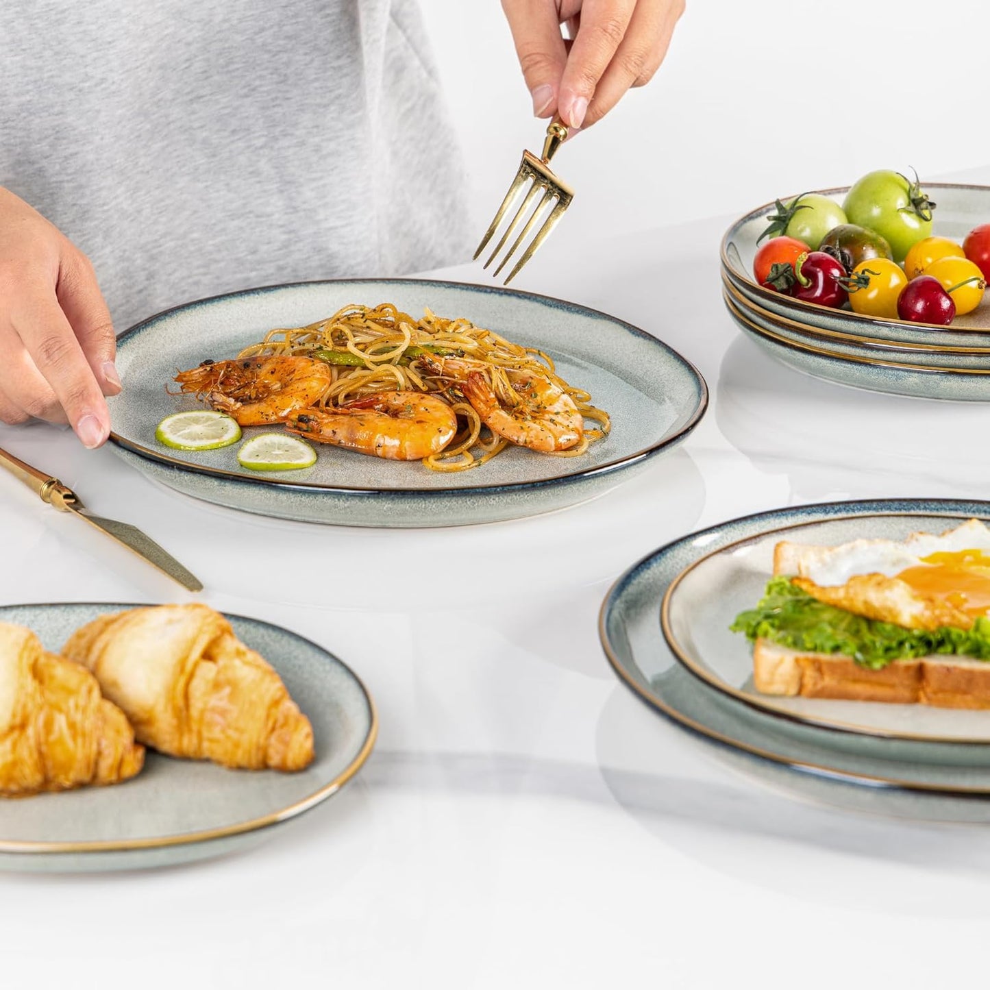 AmorArc Ceramic Dinnerware Sets,Handmade Reactive Glaze Stoneware Plates and Bowls Sets,Highly Scratch Resistant | Dishwasher & Microwave Safe Dishes Set,Service for 6 (18pc)