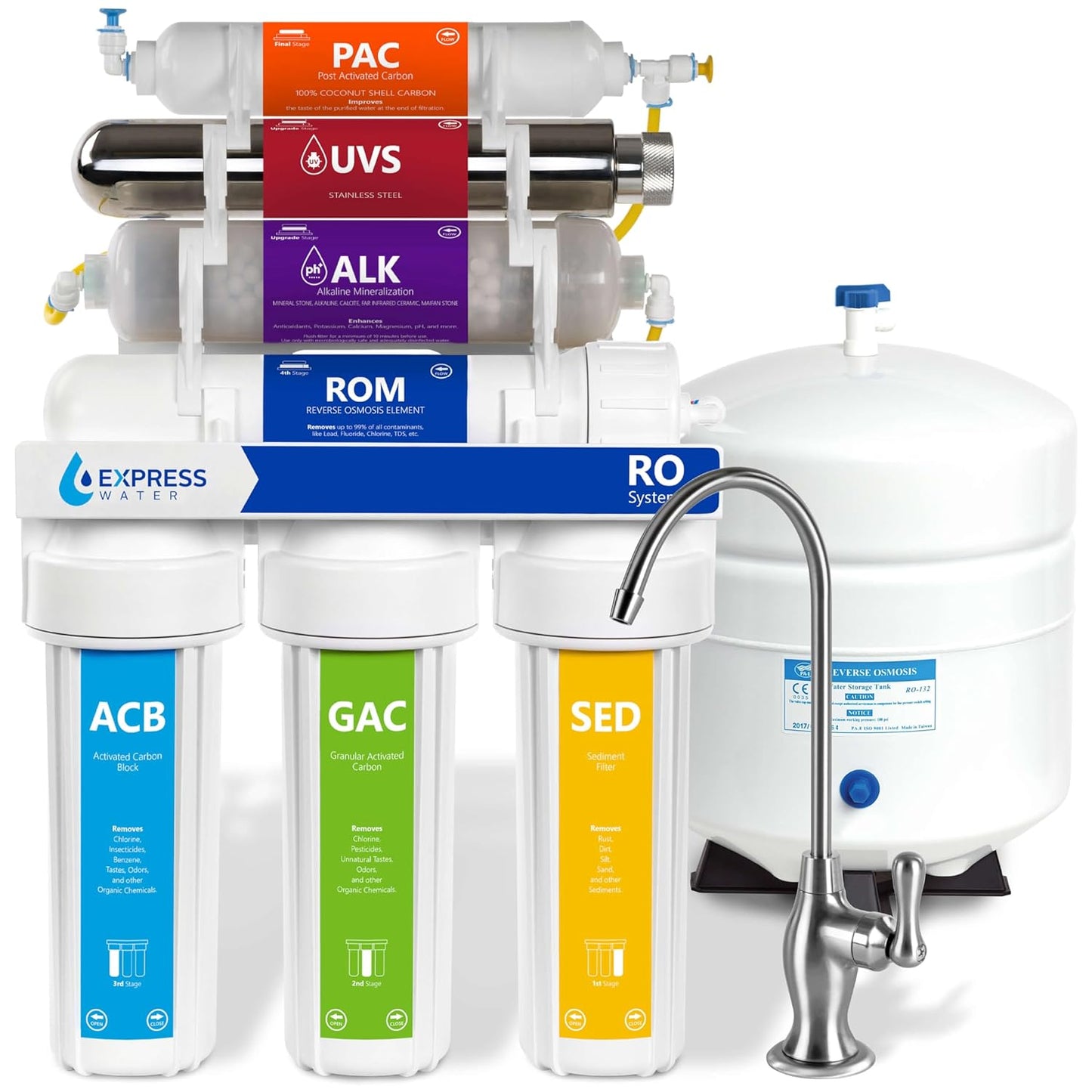 Express Water Reverse Osmosis Alkaline Ultraviolet Water Filtration System – 100 GPD (Deluxe Chrome Faucet)