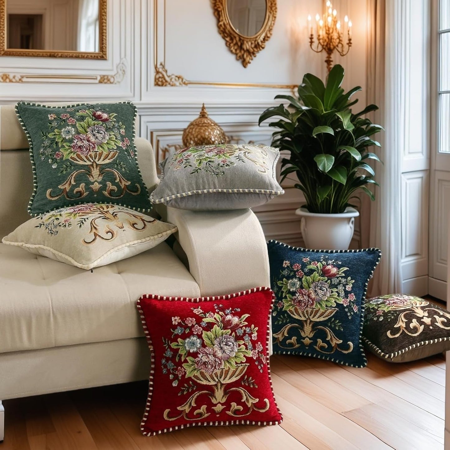 Set of 2 Spring Chenille Vintage Green Throw Pillows Covers 18x18in Sofa Couch Pillows for Living Room Floral Embroidered Cushion Cover for Bed Chairs Car
