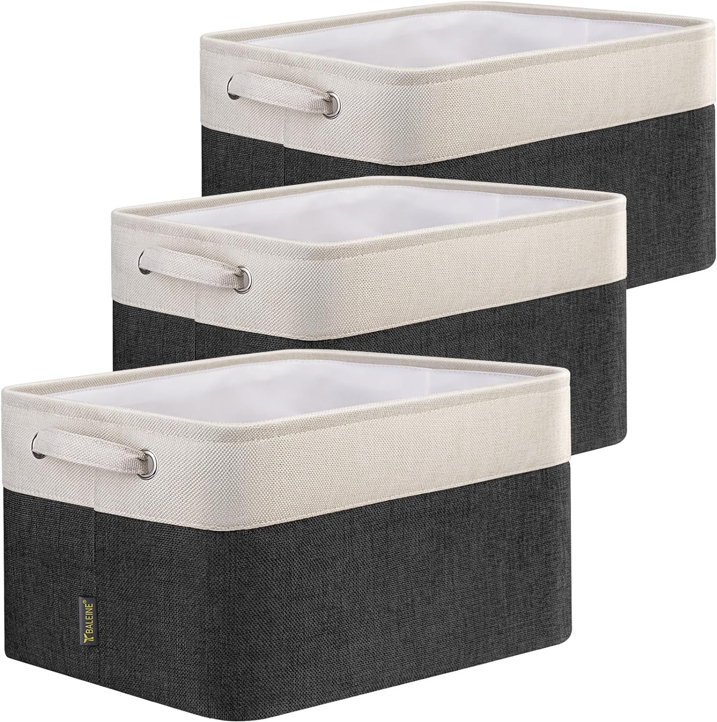 BALEINE 3 Pack Fabric Storage Bins for Shelves, Linen Storage Baskets for Organizing, Decorative Closet Bins for Clothes, Home (Black, 15"x11"x9.5")