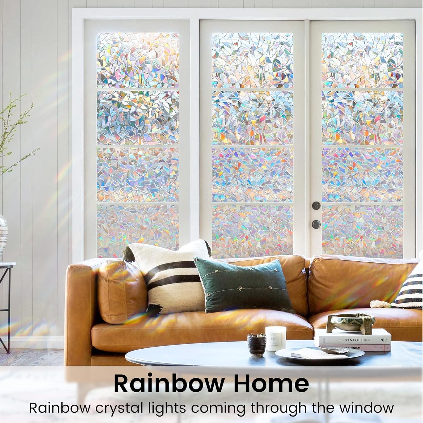 DOWELL Window Privacy Film, Rainbow Window Film, Decorative Stained Glass Clings, Static Cling Door Sticker, Non-Adhesive 3D Decals for Home UV Protection, 17.5 x 78.7 inches