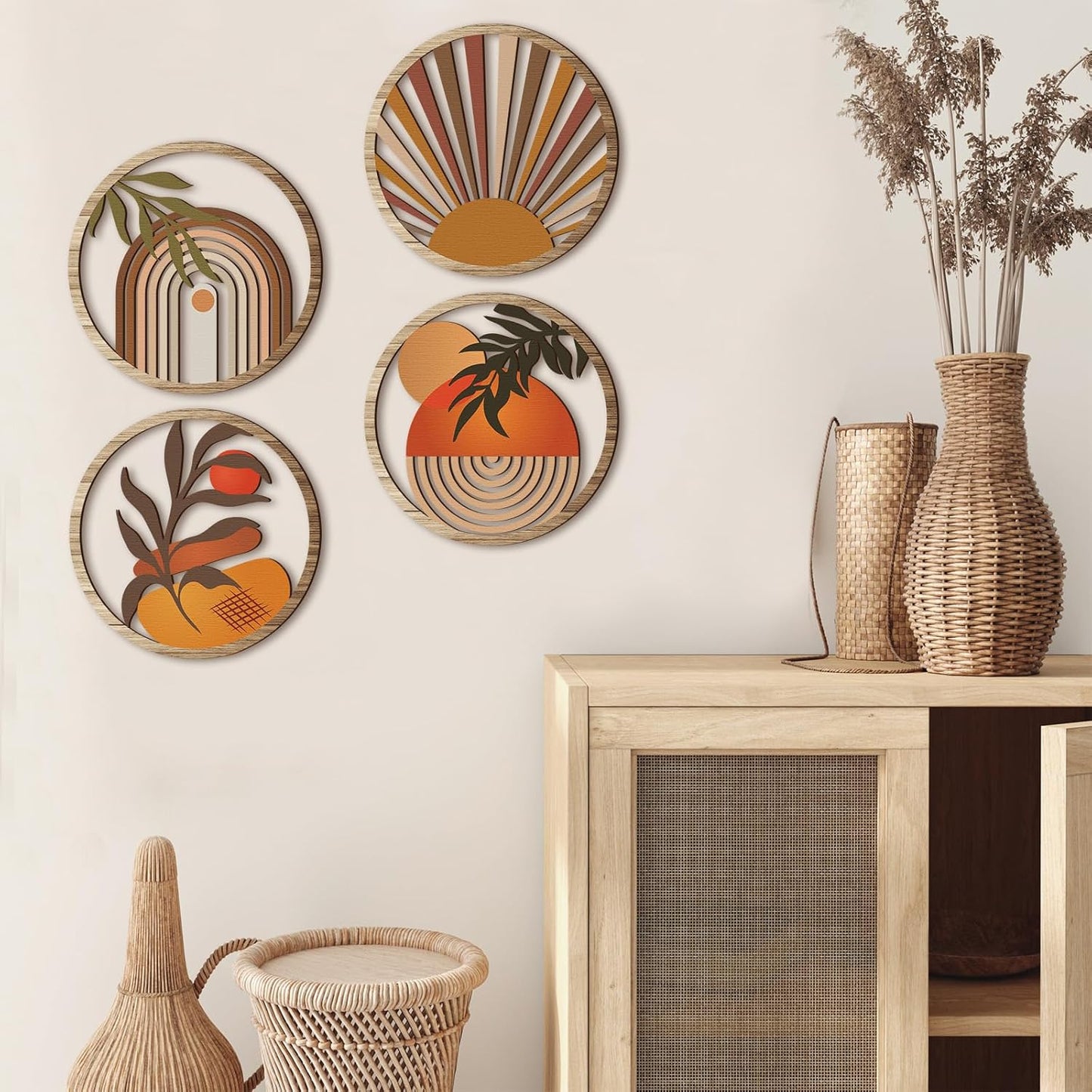 Qunclay 4 Pieces Boho Wall Art Wooden Bohemian Wall Decor Hanging Art Nursery Decor Farmhouse Geometric Hanging 10 Inch Aesthetic Wood Minimalist for Apartment Bedroom(Stylish)