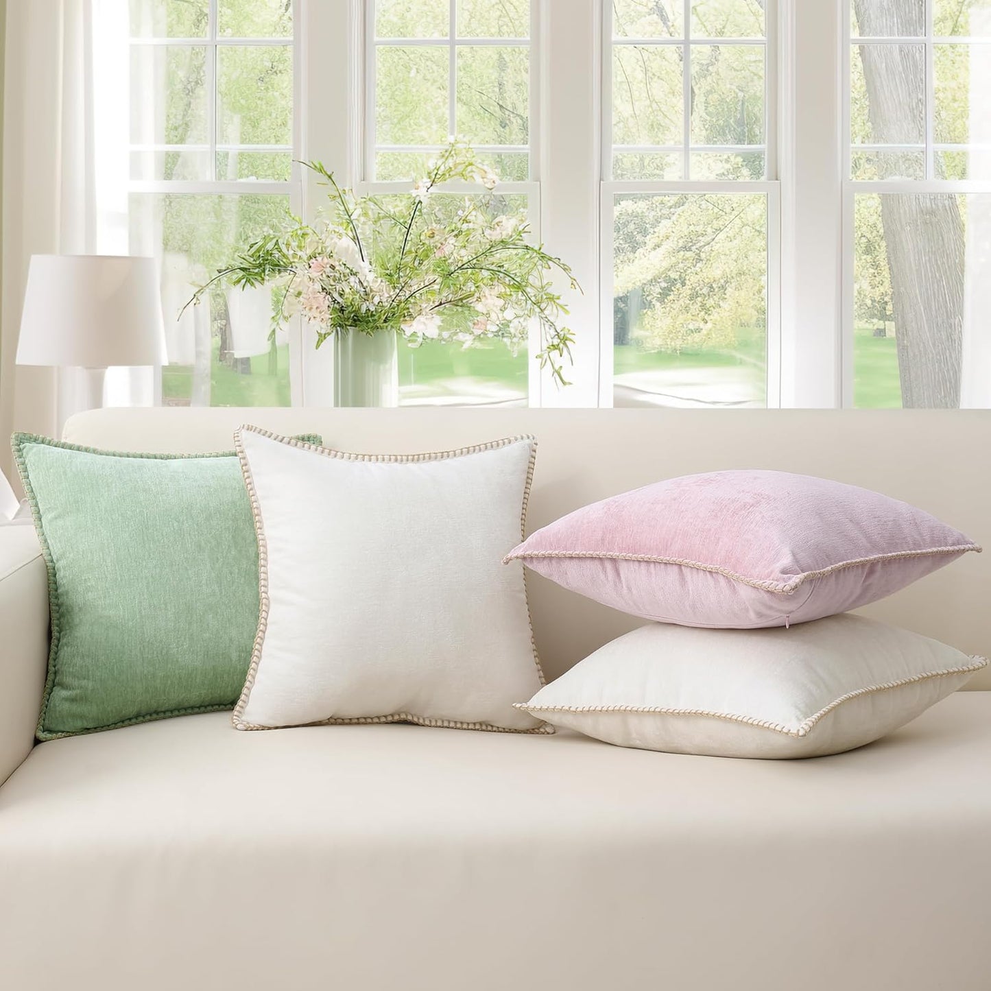 decorUhome Chenille Soft Throw Pillow Covers 12x20 Set of 2, Lumbar Velvet Farmhouse Neutral Decorative Euro Pillow Covers with Stitched Edge for Couch Sofa Bed Home Decor, Sage Green