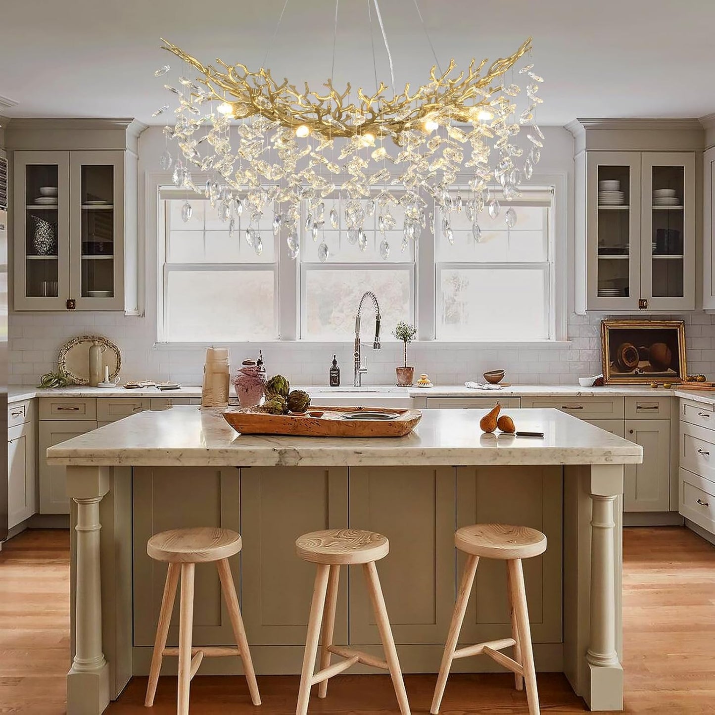 Modern Crystal Gold Chandelier, 36" Large Rectangular Oval Tree Branch Crystal Chandeliers for Dining Room,16-Light Flush Mount K9 Crystal Chandeliers, for Kitchen Island,Dining Room