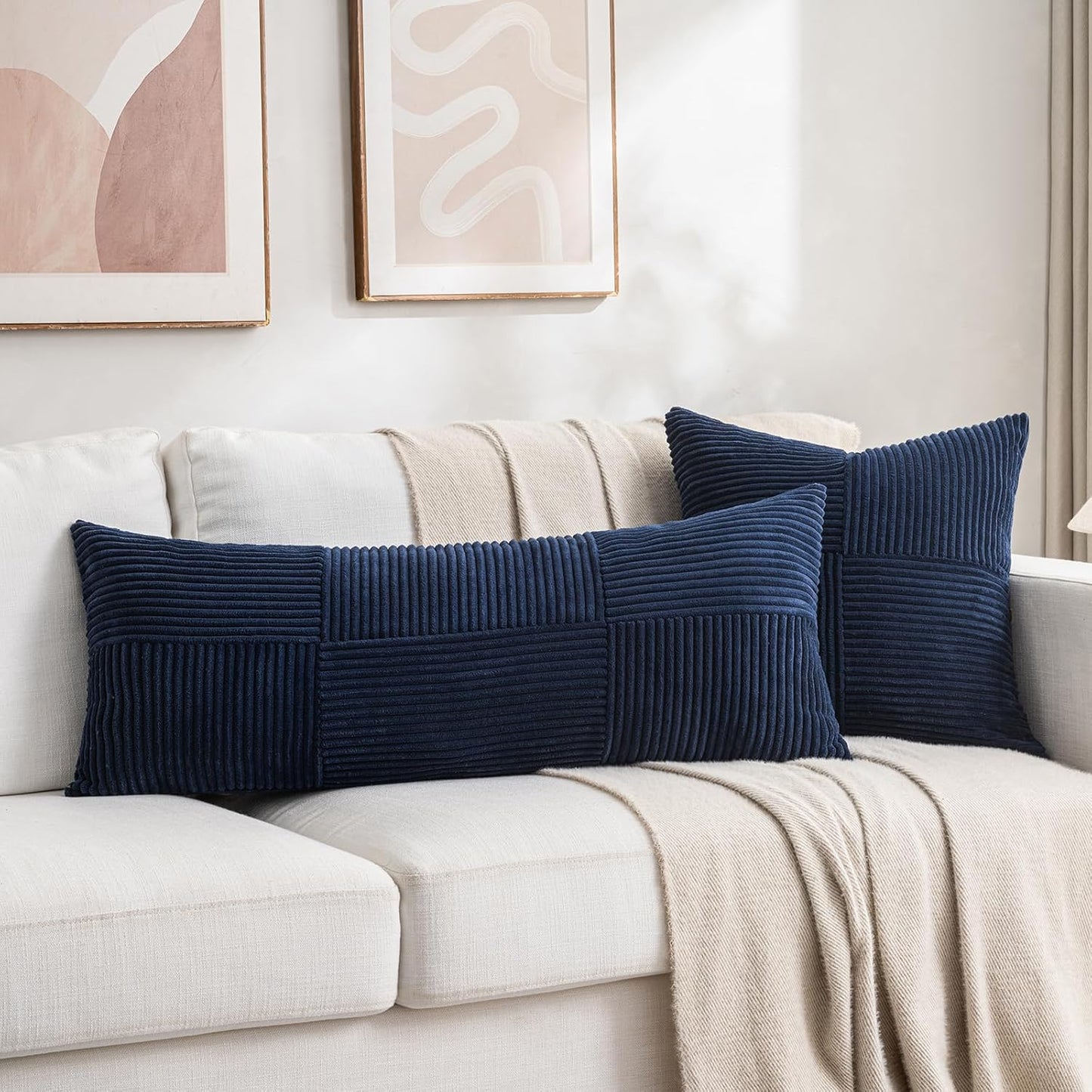 Fancy Homi 2 Packs Navy Blue Decorative Throw Pillow Covers 16x16 Inch for Living Room Couch Bed, Rustic Farmhouse Boho Home Decor, Soft Corss Patchwork Corduroy Textured Square Cushion Case 40x40 cm