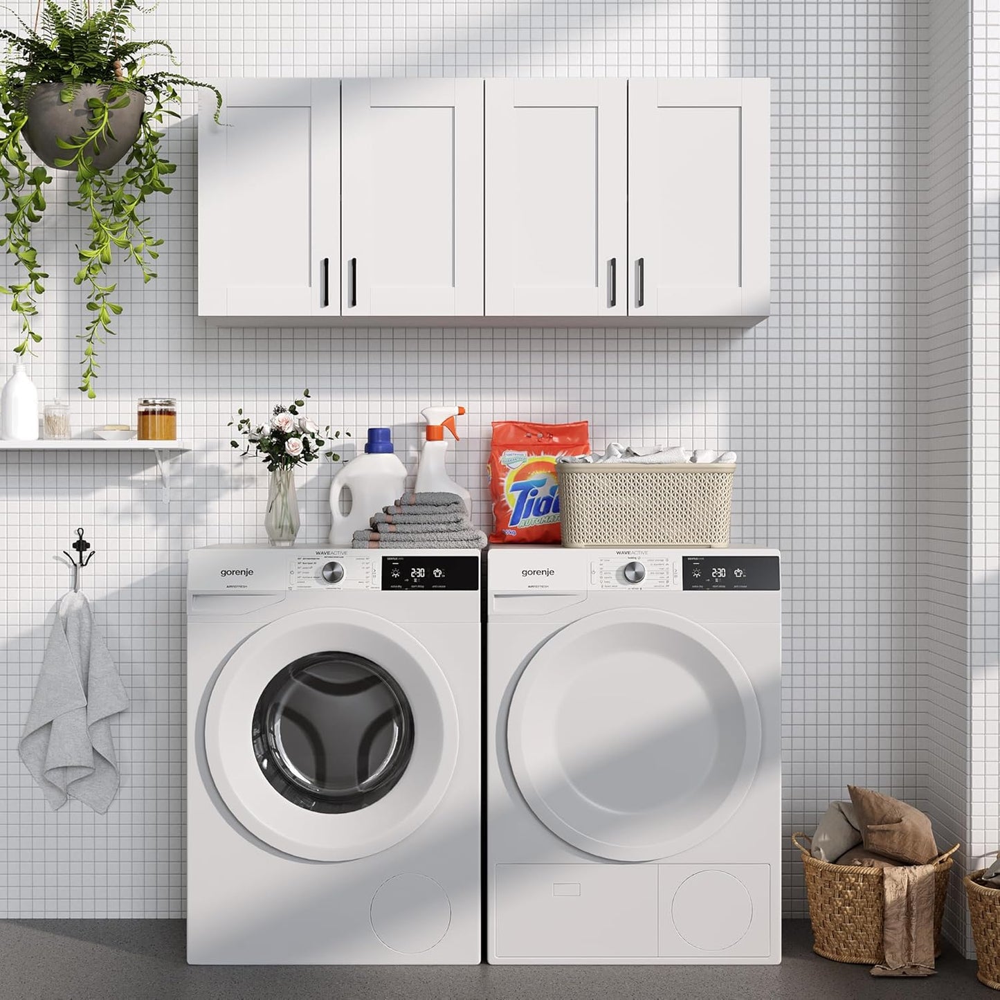White Laundry Room Cabinets and Storage with 4 Doors and Utility Adjustable Shelf，Gabinetes Para Cocina Cupboard Kitchen Organizers and Storage Pantry Wall Mounted 12.4"D x 47.2"W x 19.7"H