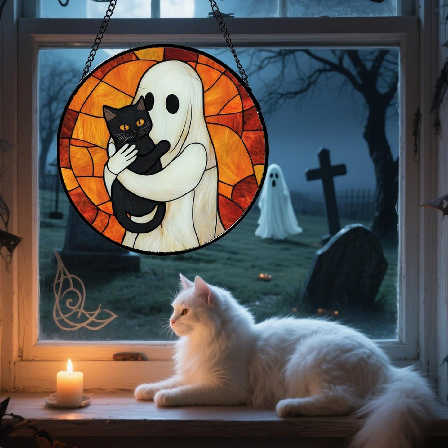 Stained Glass Window Hanging - Halloween Decorations White Ghost Black Cat Suncatcher for Doors Garden Spooky Funny Orange Sun Catchers Gothic Decor Horror Gifts for Women Men Friend 11.8 in