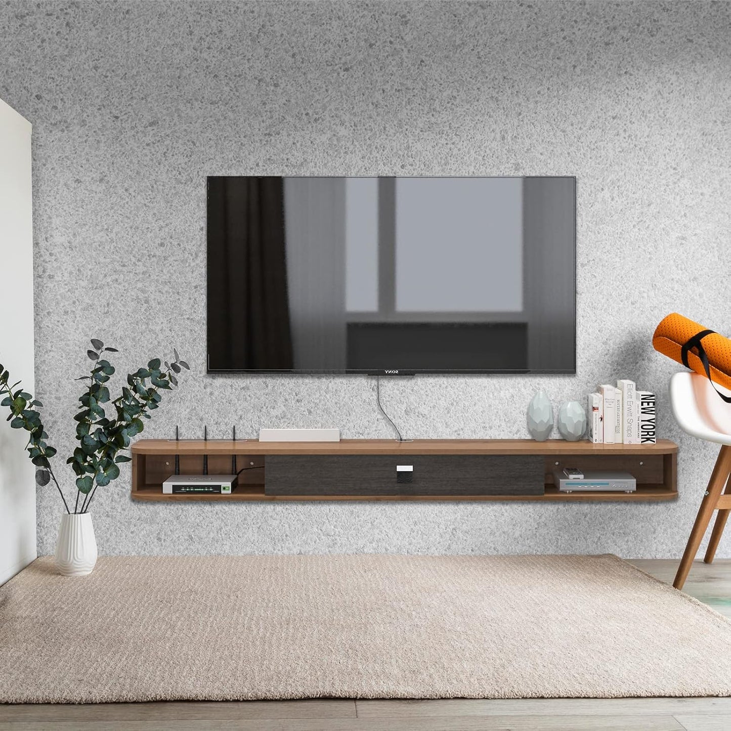 Pmnianhua Floating TV Shelf, 47'' Wall Mounted TV Stand Floating TV Console Media Entertainment Under TV Shelf for Bedroom Livingroom (Walnut)