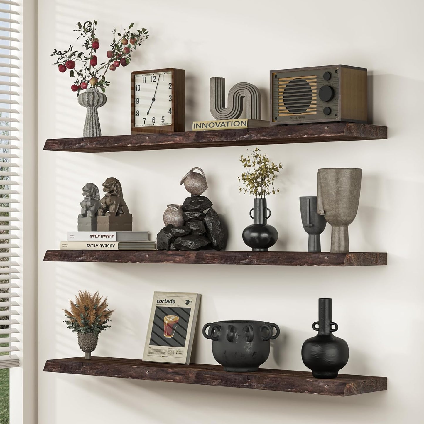 Fun Memories Floating Shelves for Wall, 24 Inhc Floating Shelves Wall Mounted, Rustic Live Edge Elm Wood Shelf, Heavy-Duty Storage Shelves for Books, Bathroom, Kitchen, Walnut Finish, Set of 2