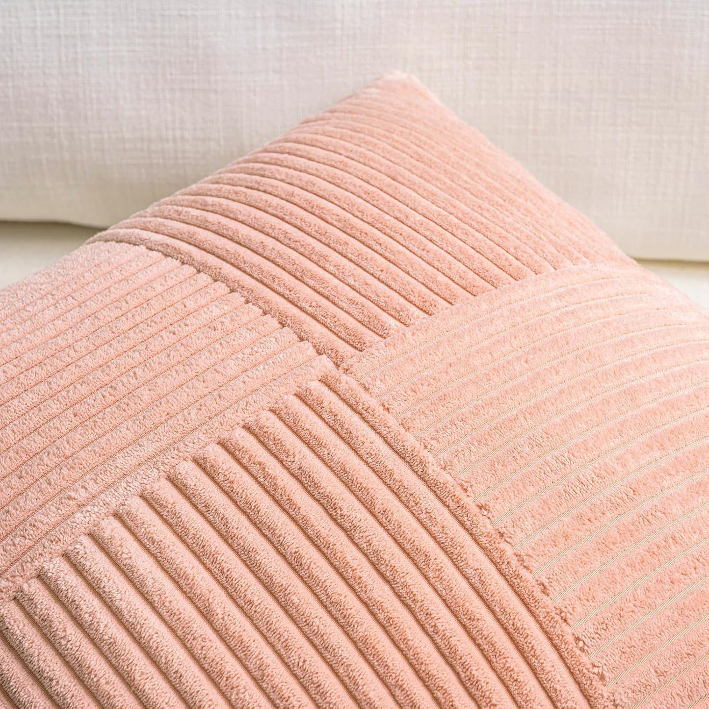 Fancy Homi 2 Packs Peach Big Decorative Throw Pillow Covers 24x24 Inch for Couch Bed Sofa, Rustic Farmhouse Boho Home Decor, Soft Corss Corduroy Patchwork Accent Square Cushion Case 60x60 cm
