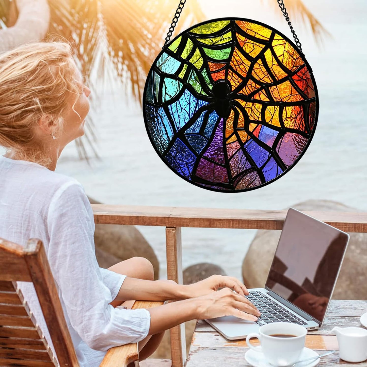 Stained Glass Suncatcher, Colorful Spider Sun Catcher Black Insect Stain Glass Window Hanging Decoration Mother's Day Birthday Gifts for Women Men Mom Nana 6.3 in