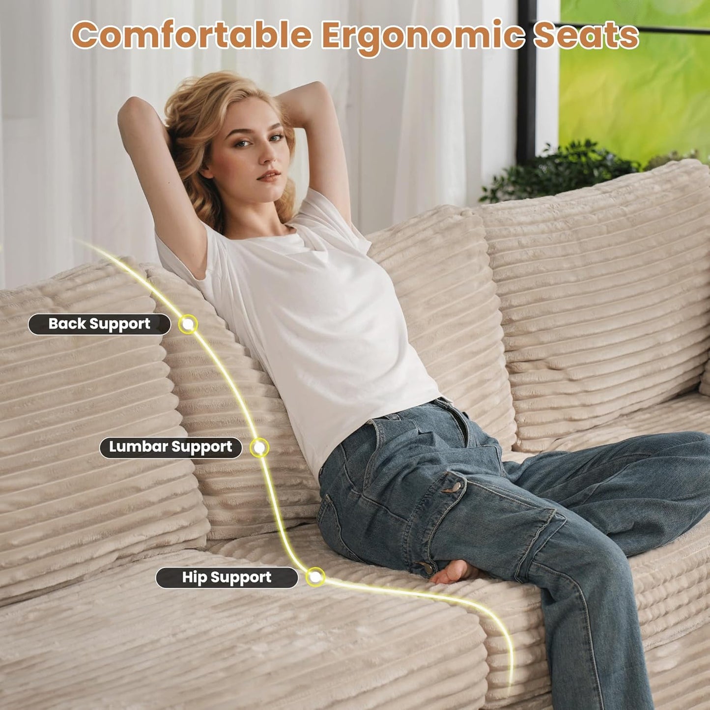 ovios Sectional Sofa Couch with U-Shape Chaise Oversized, Comfy Modular Cloud Couches with Deep Seat, Modern Upholstered Plush Corduroy Sofas Set for Living Room, 8-Seater, Beige