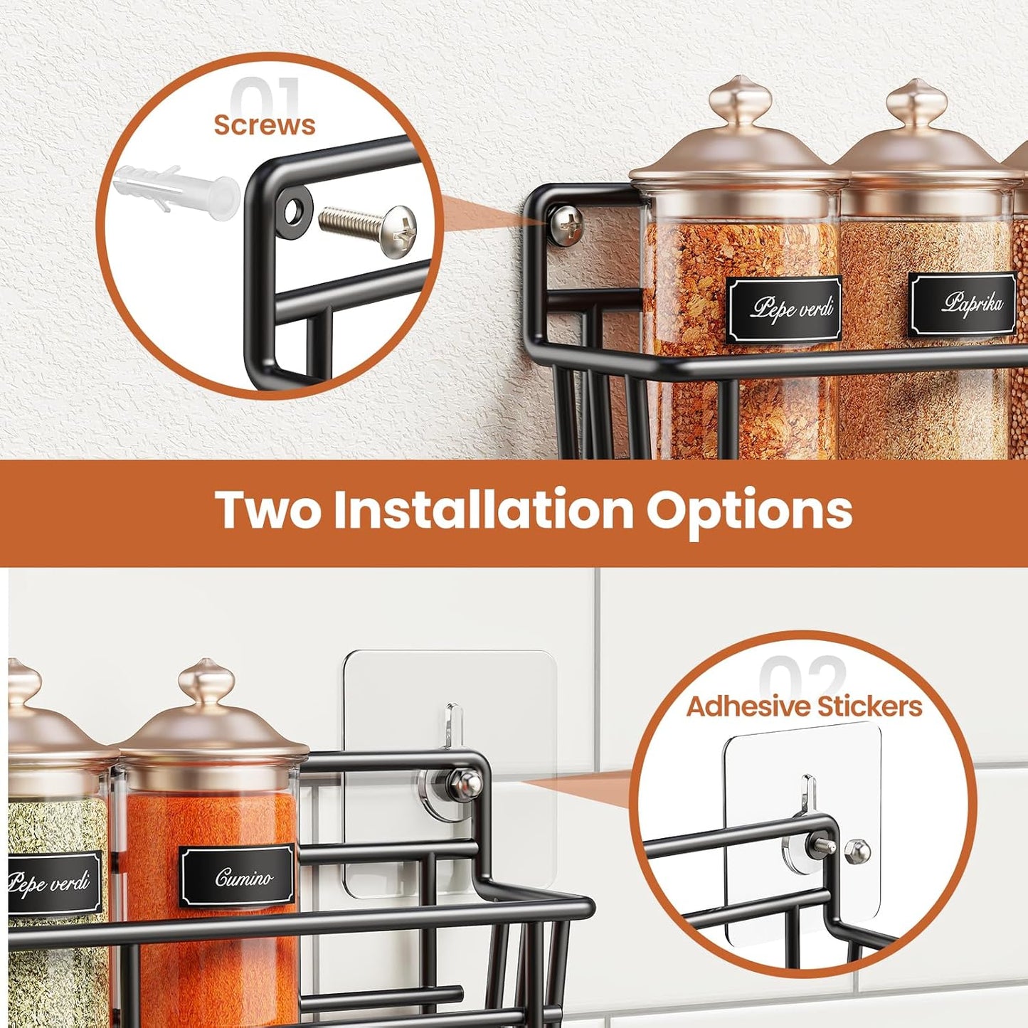 Spice Rack Organizer Wall Mount, Hanging Spice Pantry Storage Shelf Organization, 4 Pack Space Saving Seasoning Organizer for Kitchen Cabinet, Door or Bathroom, Black