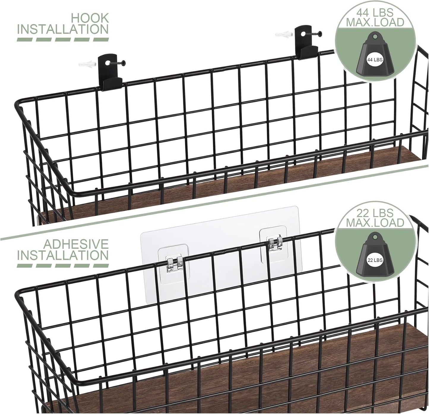 Wall Hanging Baskets 3 Pack, Extra Large Diversified Wire Basket Shelves of Wooden Style, with Wall Mounted Hooks & Traceless Stickers, for Kitchen Coffee Bar Office Room Garage Storage Organization
