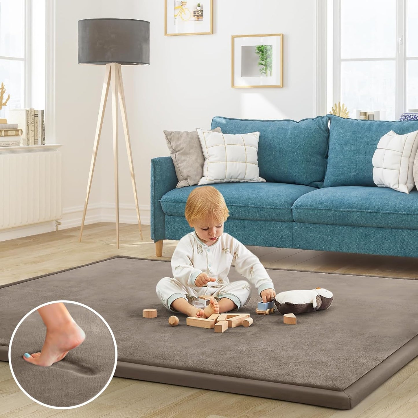 Baby Play Mat for Floor Tummy Time Nursery Rug Muscle Area Rug Playroom Rug Tatami 50 * 50" Memory Foam 1.3" Thick Crawling Mat For Babies,Toddlers, Infants, Kids,Floor Mat(Brown)