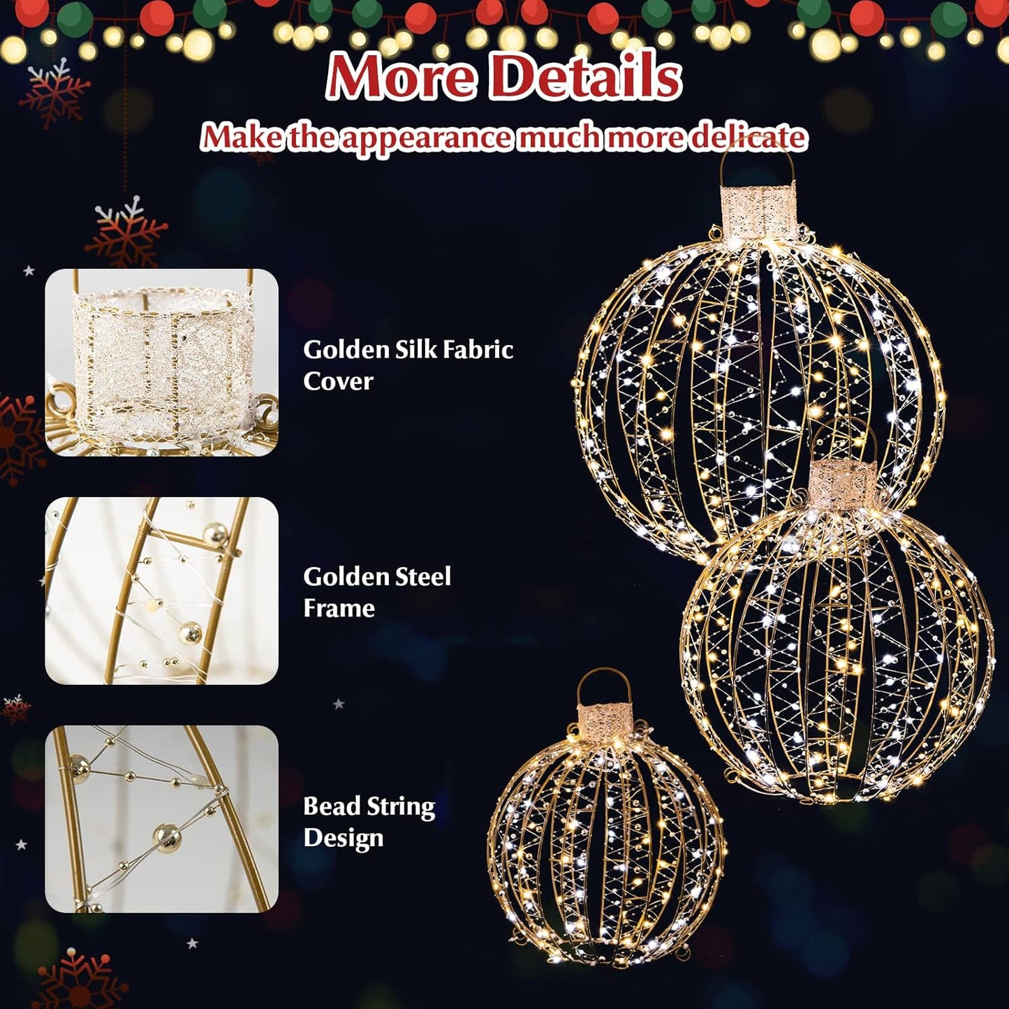 Tangkula Christmas LED Light Balls for Tree (3 Pack), Outside Lighted Sphere with 180 Warm White & 180 Cold White Lights, Holiday Lighted Decorations, Christmas Sphere Balls for Indoor Outdoor Decor