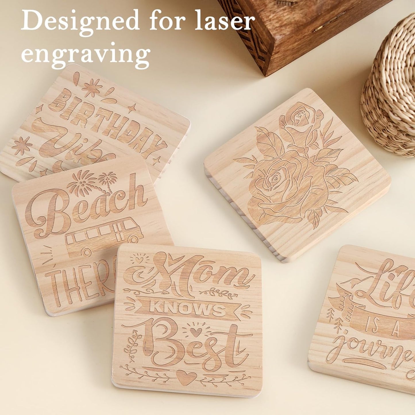36 Pieces Unfinished Wood Coasters, GOH DODD 4 Inch Wooden Blanks with Non-Slip Pads for Laser Engraving Wood Burning Staining Painting Decoupage Housewarming Gifts Wedding Crafts Education, Square