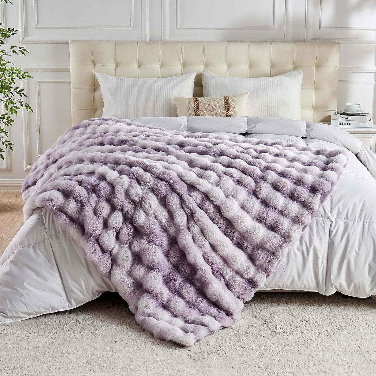 Lotus Karen Faux Fur Throw Blanket Tie-Dye Purple-Big Bubble Rabbit Fluff Blanket for Couch,Small Fluffy Fuzzy Cozy Blanket,Thick Furry Plush Shaggy Blankets,50x60 Inches