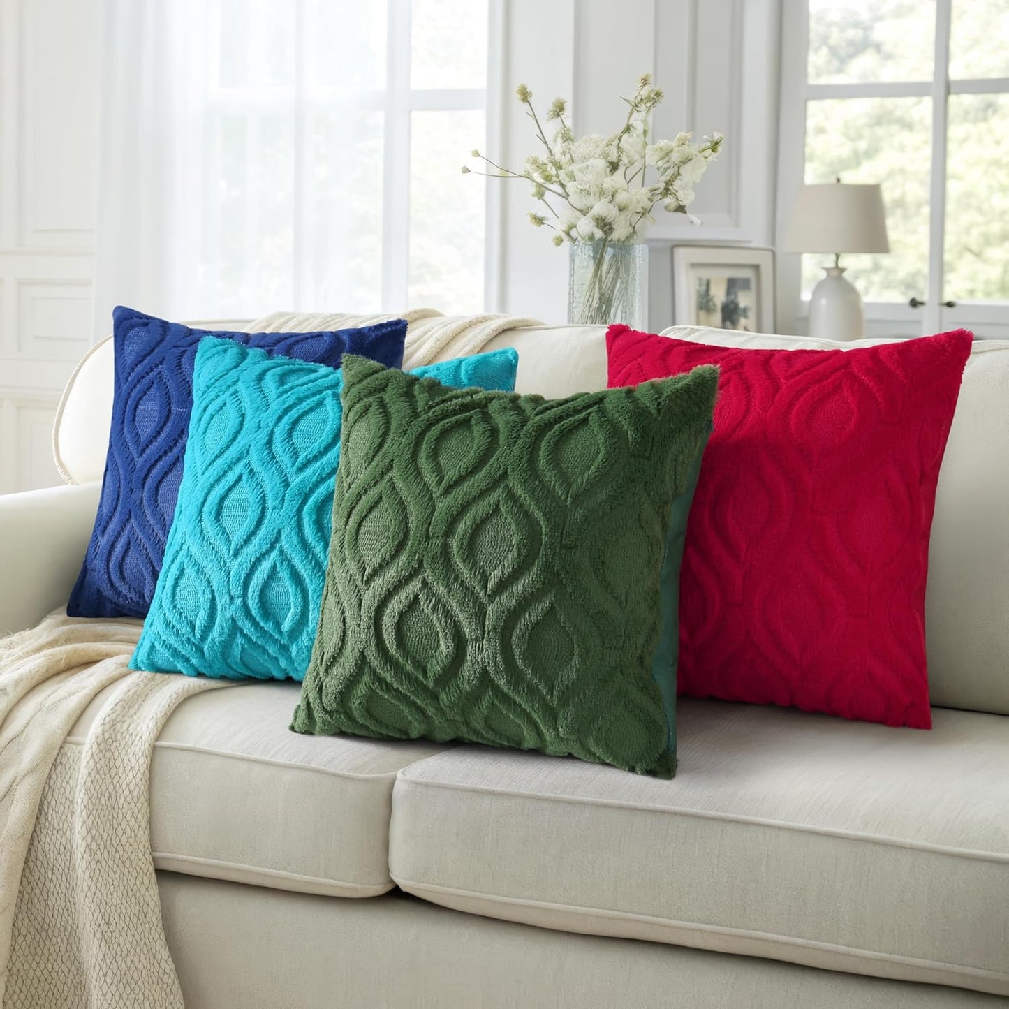 decorUhome Fall Throw Pillow Covers 20x20 Inch Set of 2, Soft Plush Decorative Faux Fur Turquoise Solid Couch Pillow Covers, Accent Farmhouse Neutral Square Euro Pillow Cases for Sofa Bed Living Room