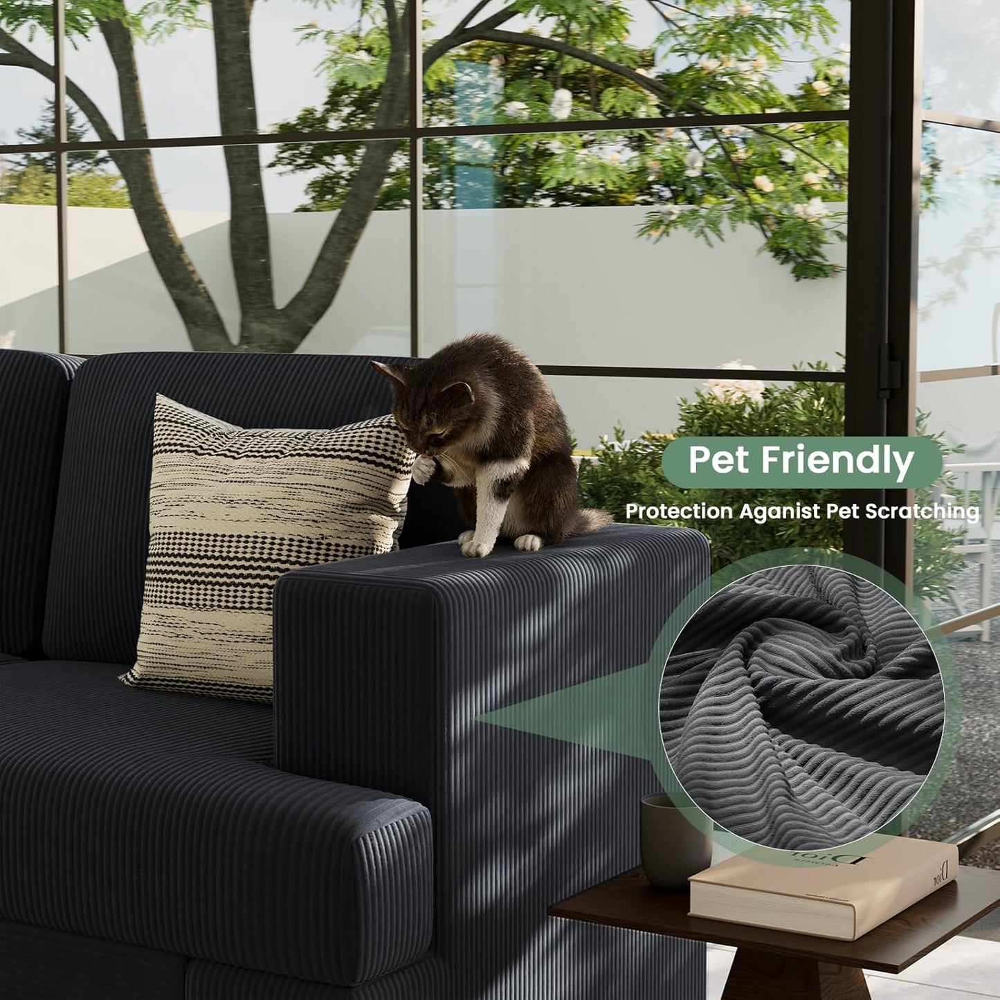 3 Seater Corduroy Couch for Living Room, 89” Black Cloud Sofa, Deep Seat Floor Couch for Bedroom, Futon Modern Sofa Sectional Bed, Black Corduroy