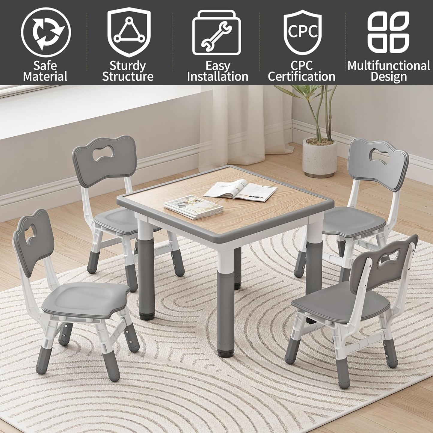 Kid Table and Chairs, Height Adjustable Childrens Table and Chair Set, Kids Tables for Age 2-8, Graffiti Desktop, Table for Kids with 4 Seats, Small Kids Table, Max 300lbs