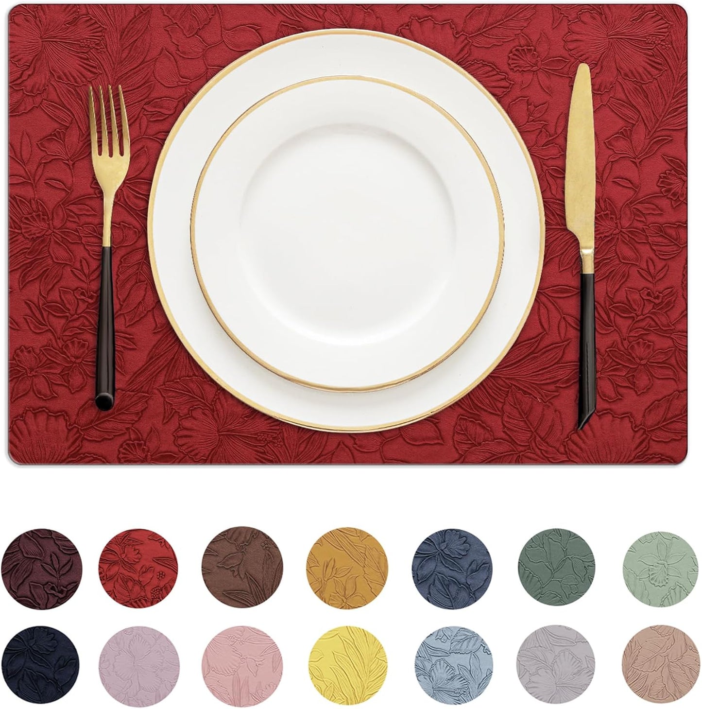 Romanstile Vinyl Placemats Set of 8-12 X 18 Inch - Heat Resistant Non-Slip Embossed Floral Place Mats 100% Waterproof Oilproof Wipeable Faux Leather Table Mats for Kitchen/Dining/Party, Red