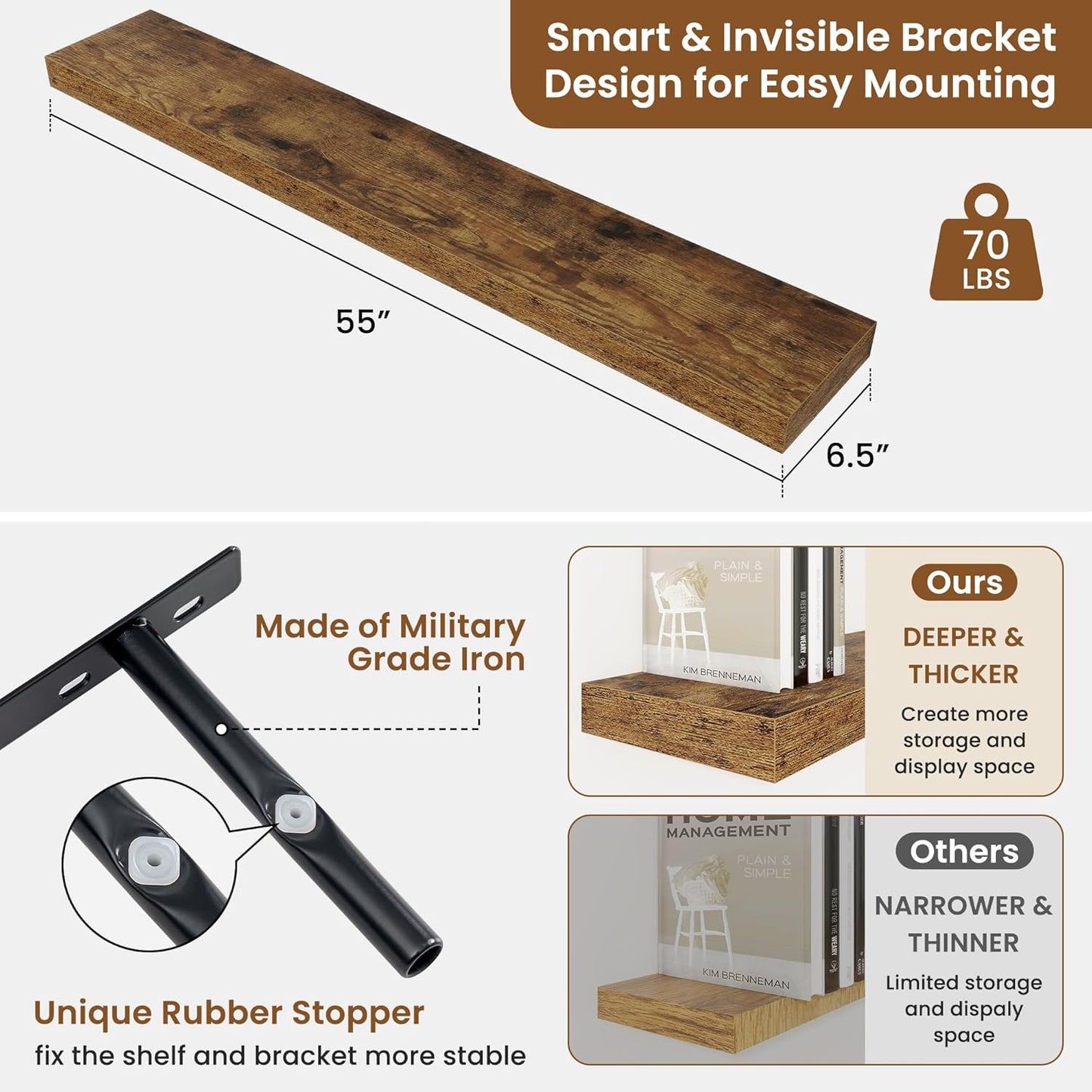 fuqing Floating Shelves for Wall, Bathroom Shelf Wall Mounted for Storage, Shelves with Invisible Bracket for Bedroom, Kitchen, Living Room, Farmhouse Small Book Shelf, 55 Inch Set of 2, Rustic Brown