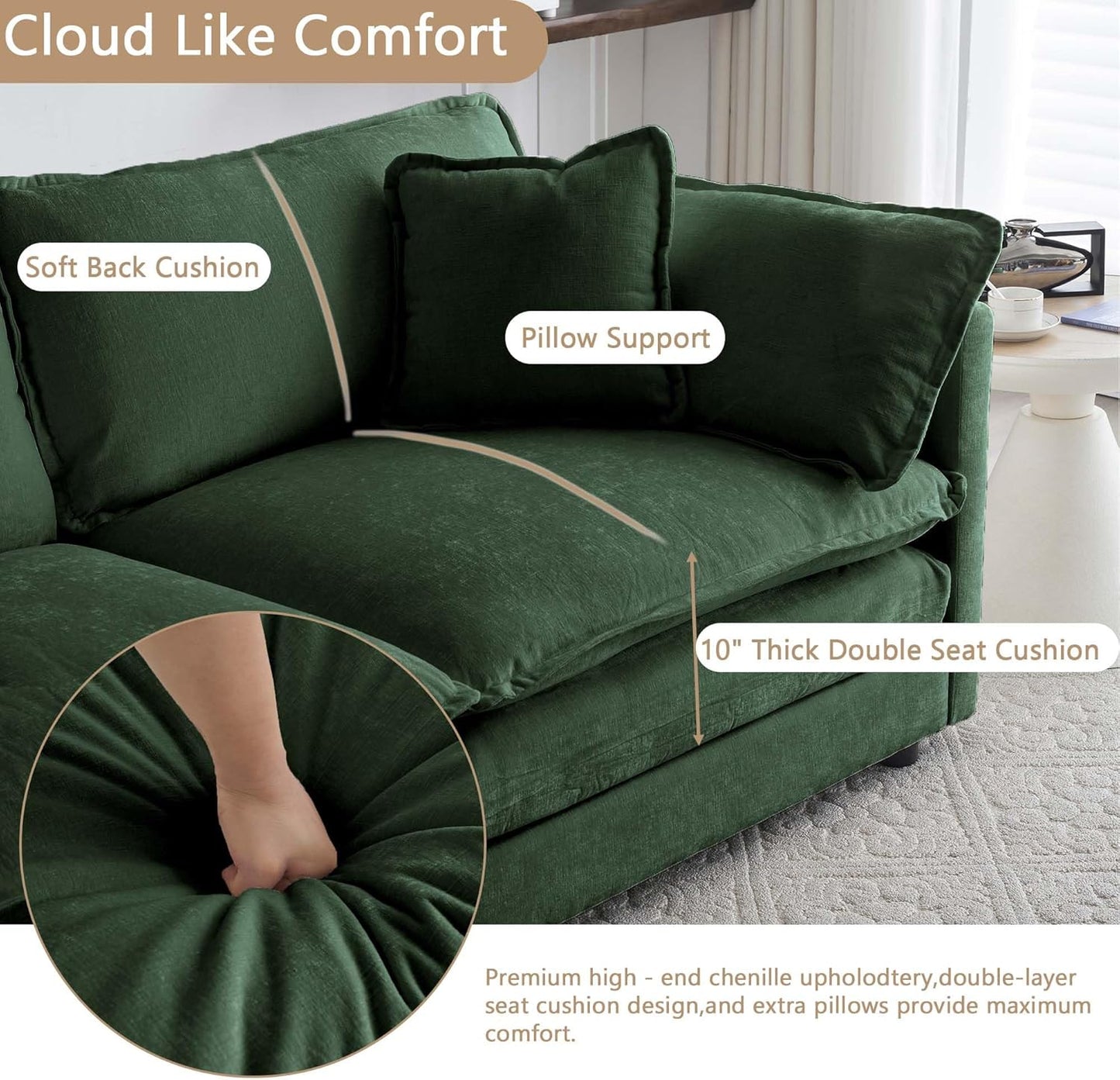 Sectional Sofa 4 Seater with Movable 1 Ottoman,Oversized Modular Couch Deep Seat (Green, 146.5 inch-L)