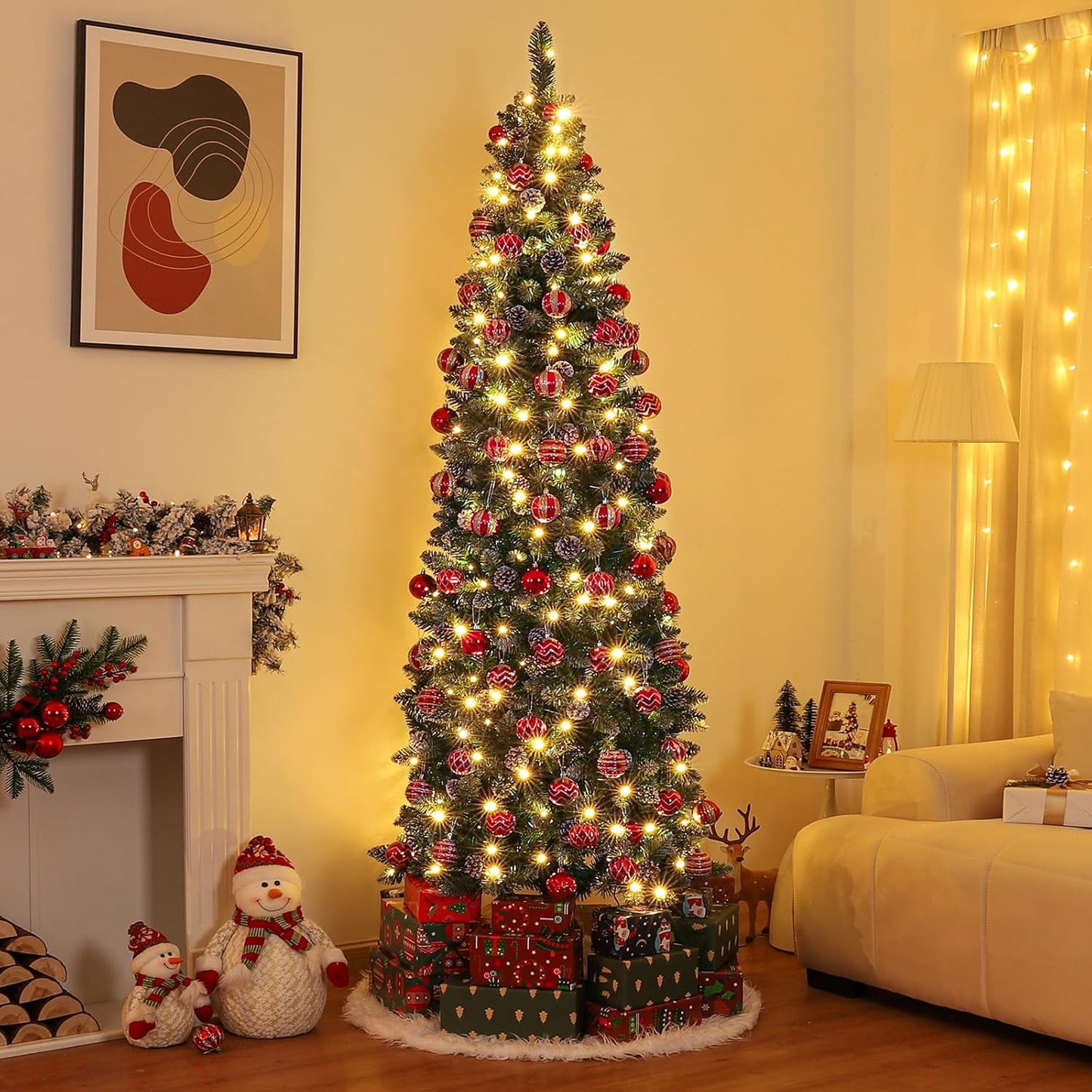 Homde Pencil Christmas Tree 5 Foot Pre-Lit Artificial Christmas Tree with Flocked Snow Pine Cone 140 Warm White Light Holiday Decor