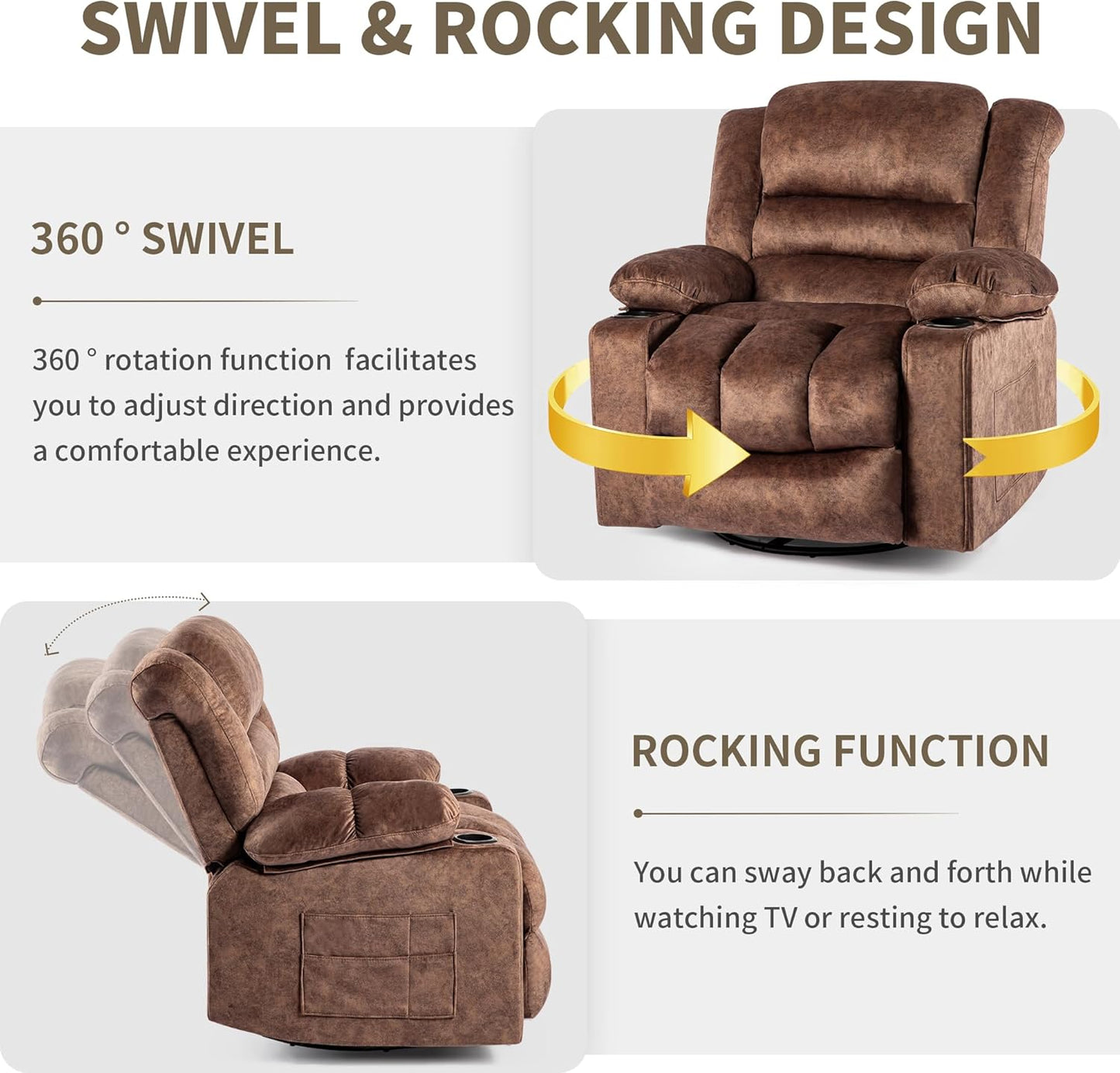 Recliner Chair Rocker Modern Ergonomic Lounge 360 Degree Swivel Single Sofa Seat Living Room Lounge Recliners on Clearance Foam Filling