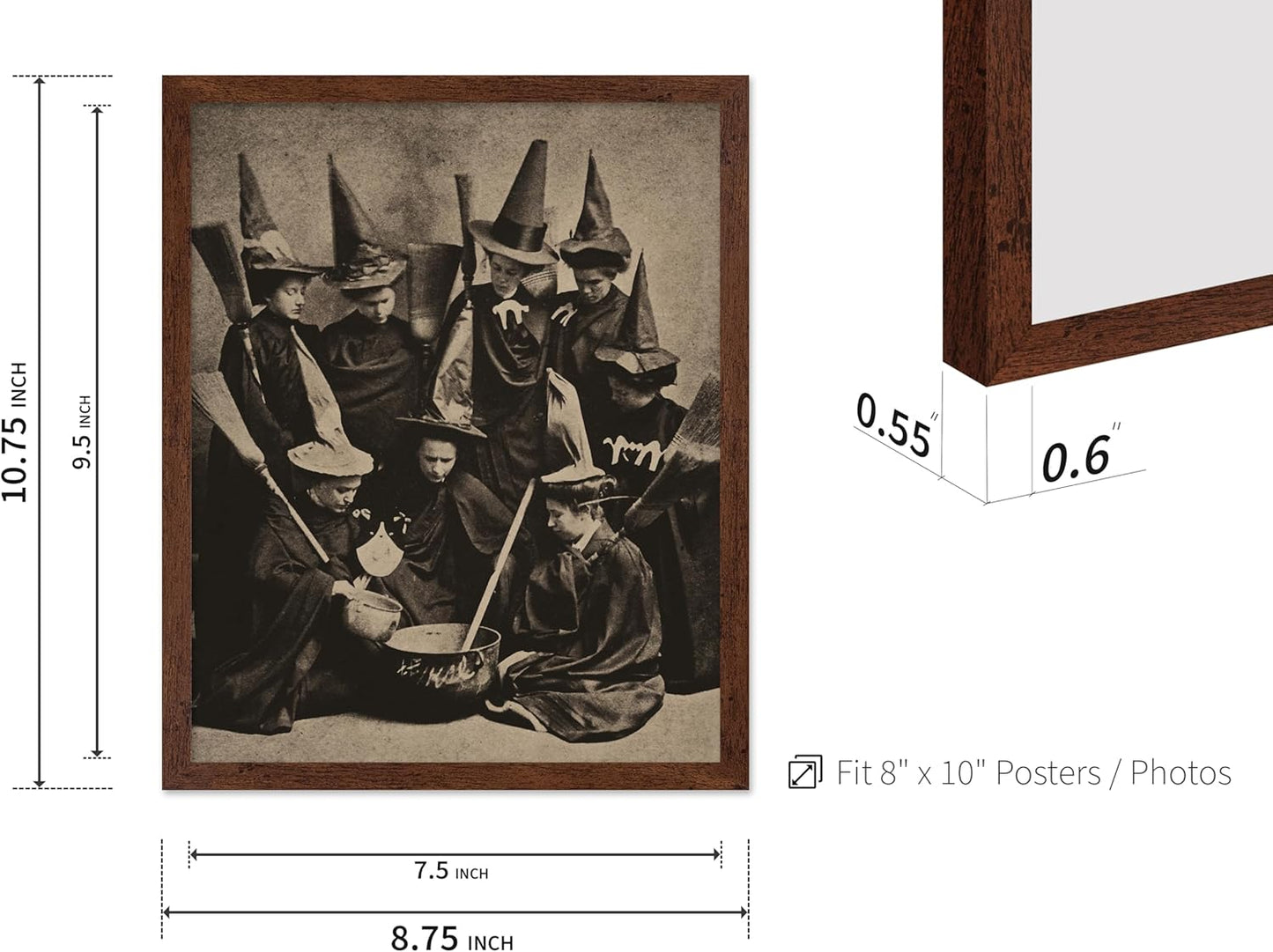 Poster Master Vintage Photograph Poster - Retro Halloween Print - Gift for Artist, Friend - Witches Cooking, Pointy Hats, Broomsticks, Black Magic - Wall Decor for Bedroom, 8x10 Brown Framed