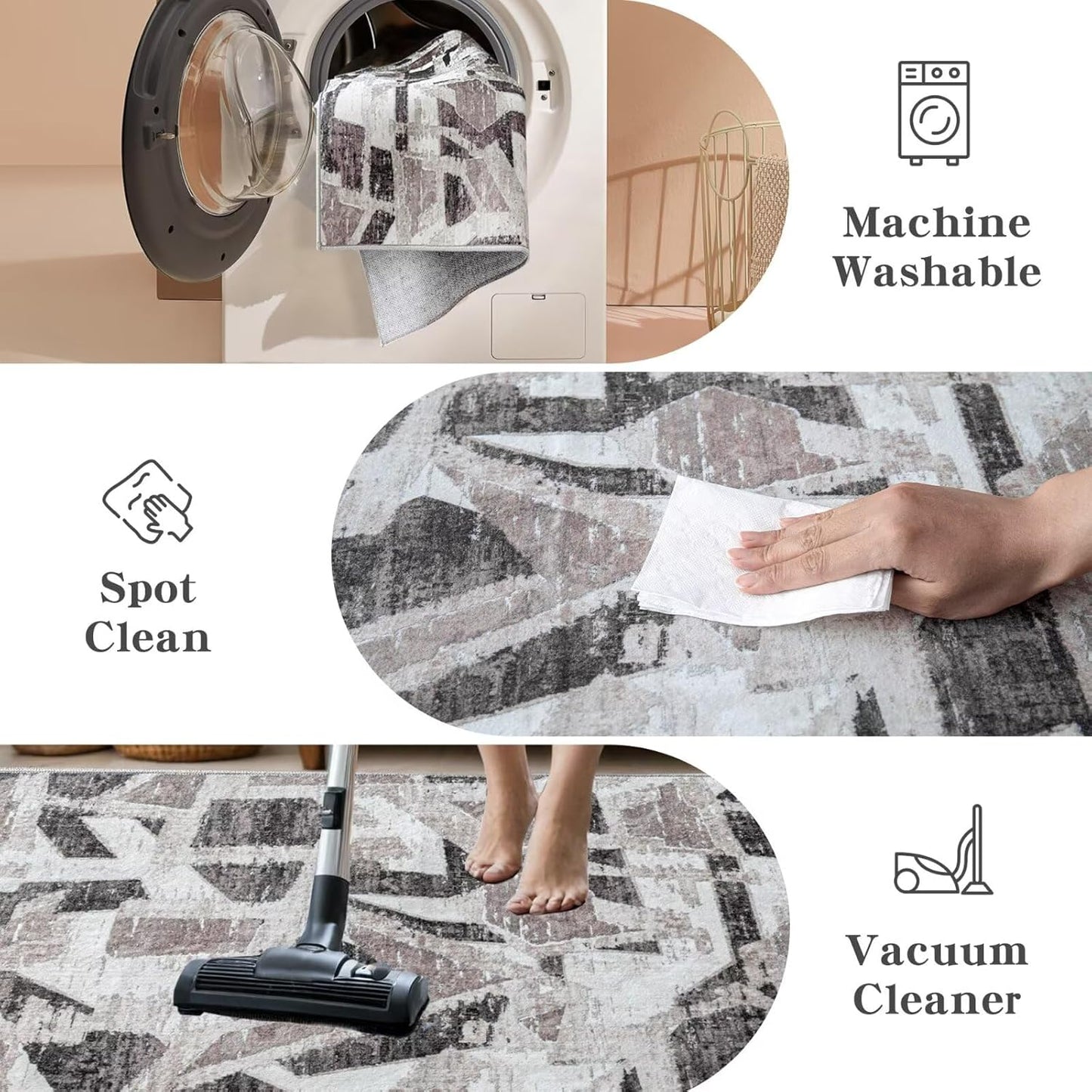 Modern Abstract 6X9 Area Rug for Living Room Bedroom Washable, with Non-Slip Rubber Backing Print Faux Wool Thin, Grey Throw Large Carpet for Kids Playroom Dining Room Pet & Child Friendly