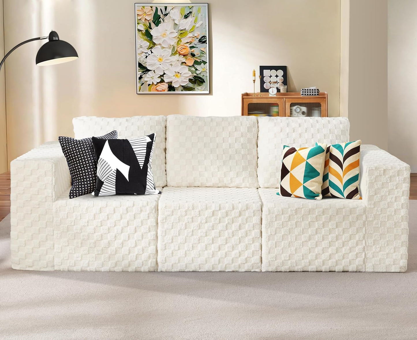 Modular Sectional Sofa 3-Seater Modular Couch with Deep Seat Memory Foam Cloud Chair with Pillows Oversized Sectional Sofa for Living Room Bedroom (Plush White, 3-Seater)