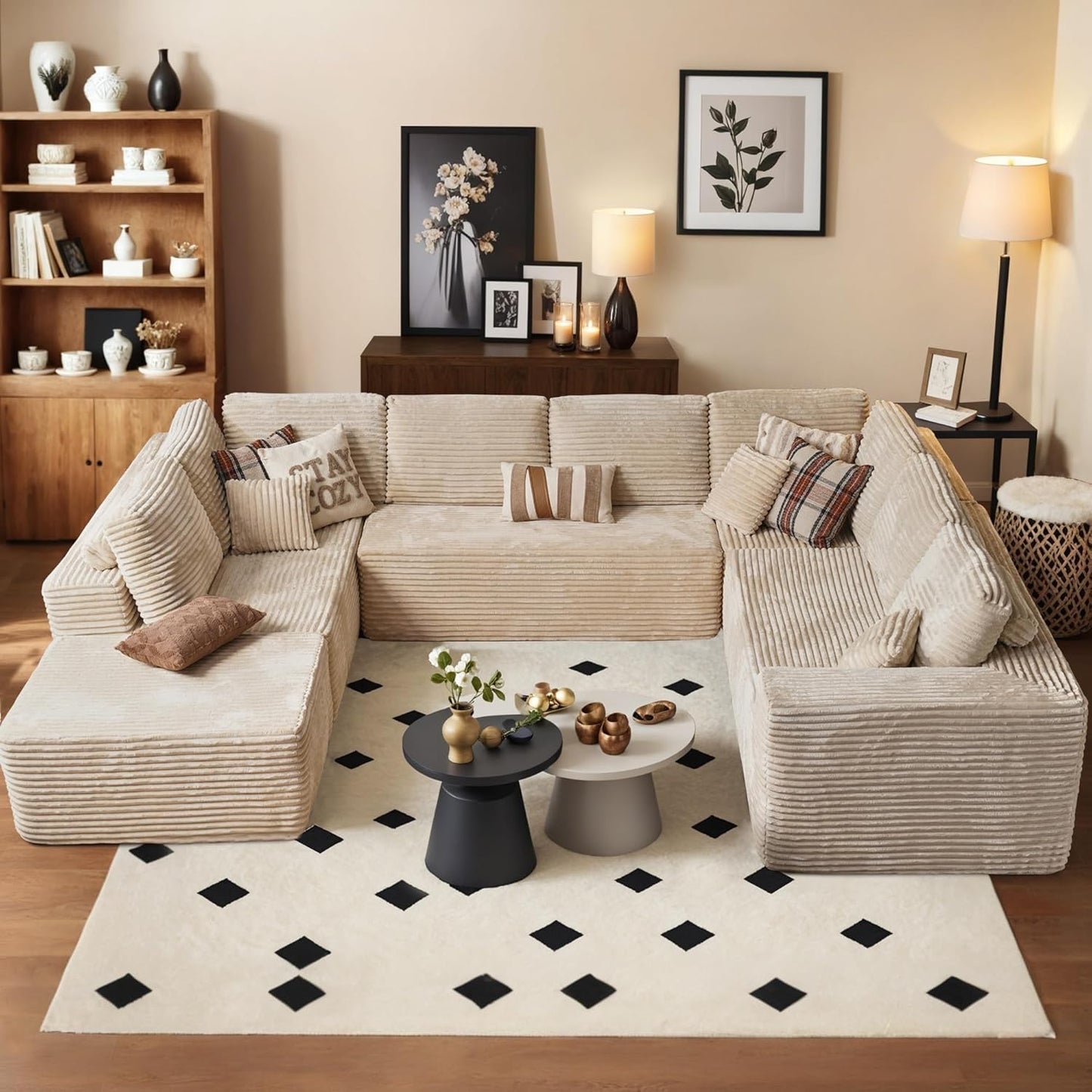 HOOOWOOO Cloud Sectional Couches for Living Room,Modular Sectional Sofa No Assembly,136X108 Inch Plush Corduroy Large U Shaped Floor Couch Set with Deep Seat Ottoman(Beige)
