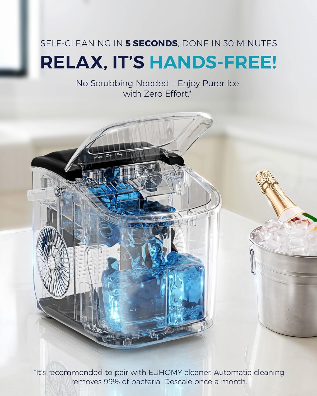 EUHOMY Countertop Ice Maker Machine with Handle, 26lbs Per Day, 9 Ice Cubes Ready in 6 Mins, Auto-Cleaning Portable Ice Maker with Basket and Scoop, for Home/Kitchen/Camping/RV (Silver)