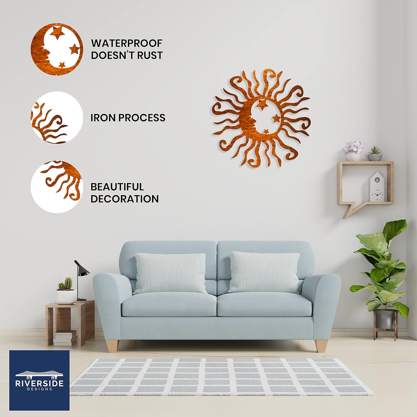 Riverside Designs Wacky Solar Moon Metal Wall Art Steel Outdoor Decor | Heavy-Duty and Waterproof | Made in USA (Copper, 36L x 36W)