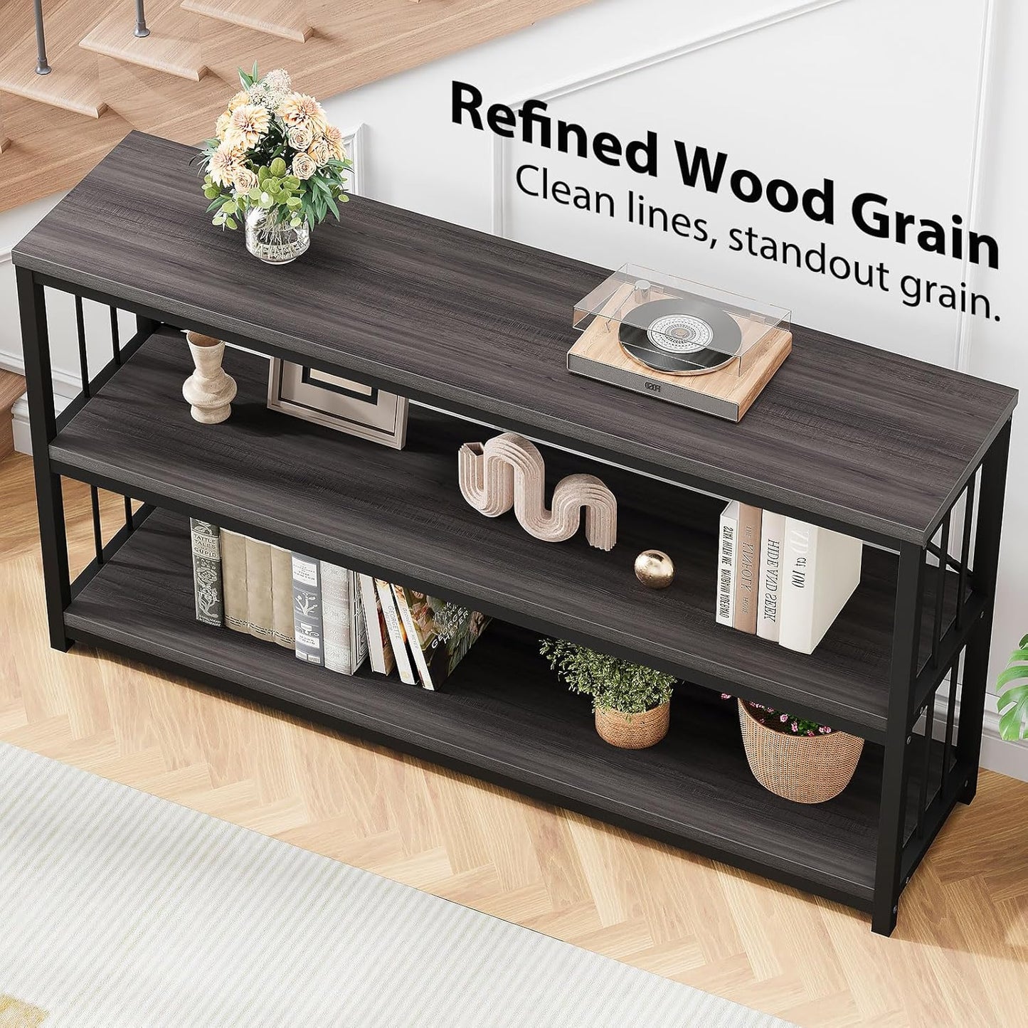 LVB Industrial Console Table, Metal and Wood Sofa Table, Rustic Entryway Table with Storage, Modern 3 Tier Shelf Long Foyer Tables Behind Couch for Home Living Room Hallway, Dark Gray Oak, 55 Inch