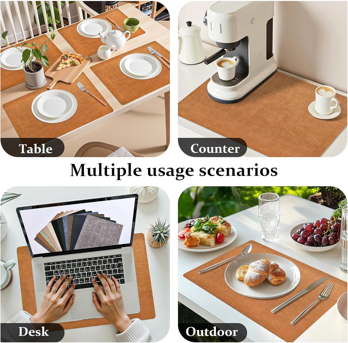 FROMHEART Faux Leather Placemats Set of 8–Waterproof,Heat/Oil Stain-Resistant PU Table Mat–Reversible,Non-Slip,Easy to Clean Place Mats for Kitchen,Dining,Indoor/Outdoor,(Orange-Grey,11.8" x 17")