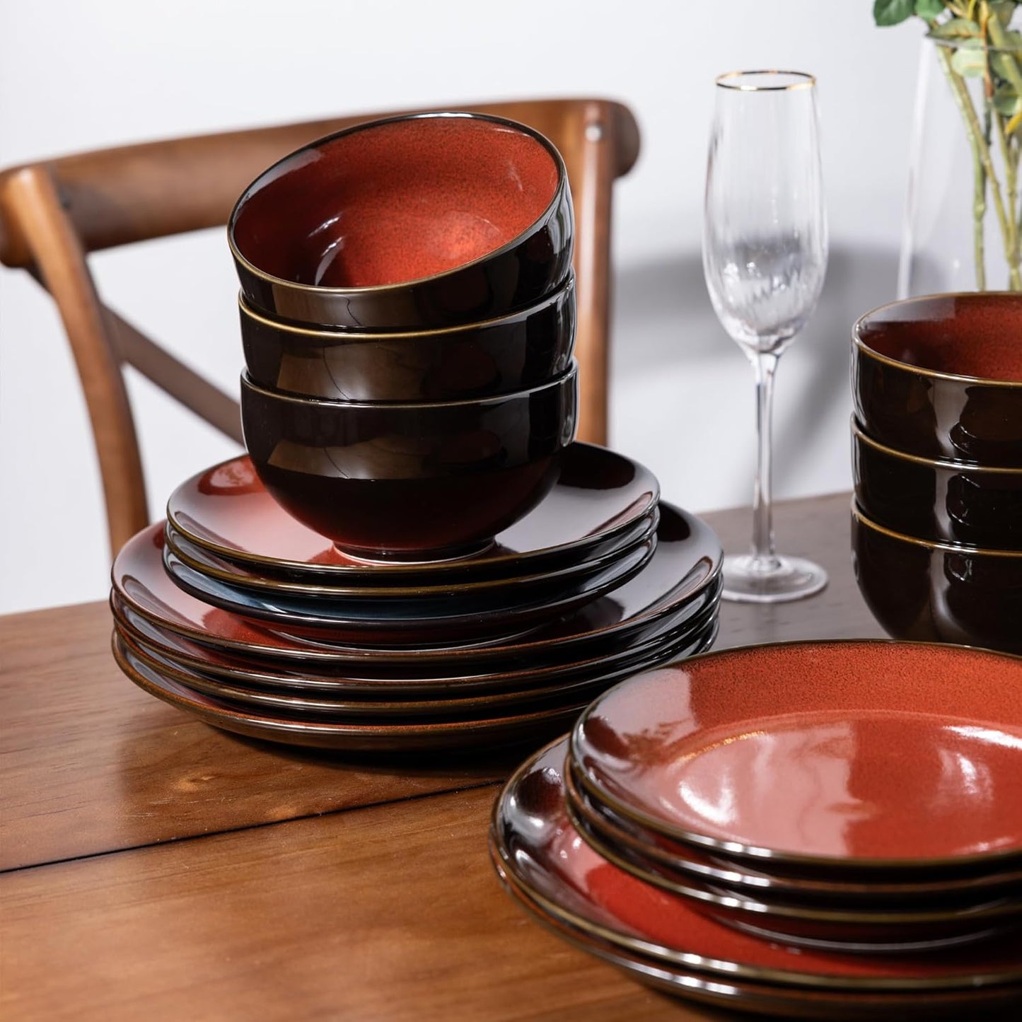 LeRatio Ceramic Dinnerware Sets for 6,Stoneware Plates and Bowls Sets,Handmade Reactive Glaze Dishes Set,Chip Resistant and Scratch Resistant | Oven&Dishwasher & Microwave Safe,Service for 6-Red