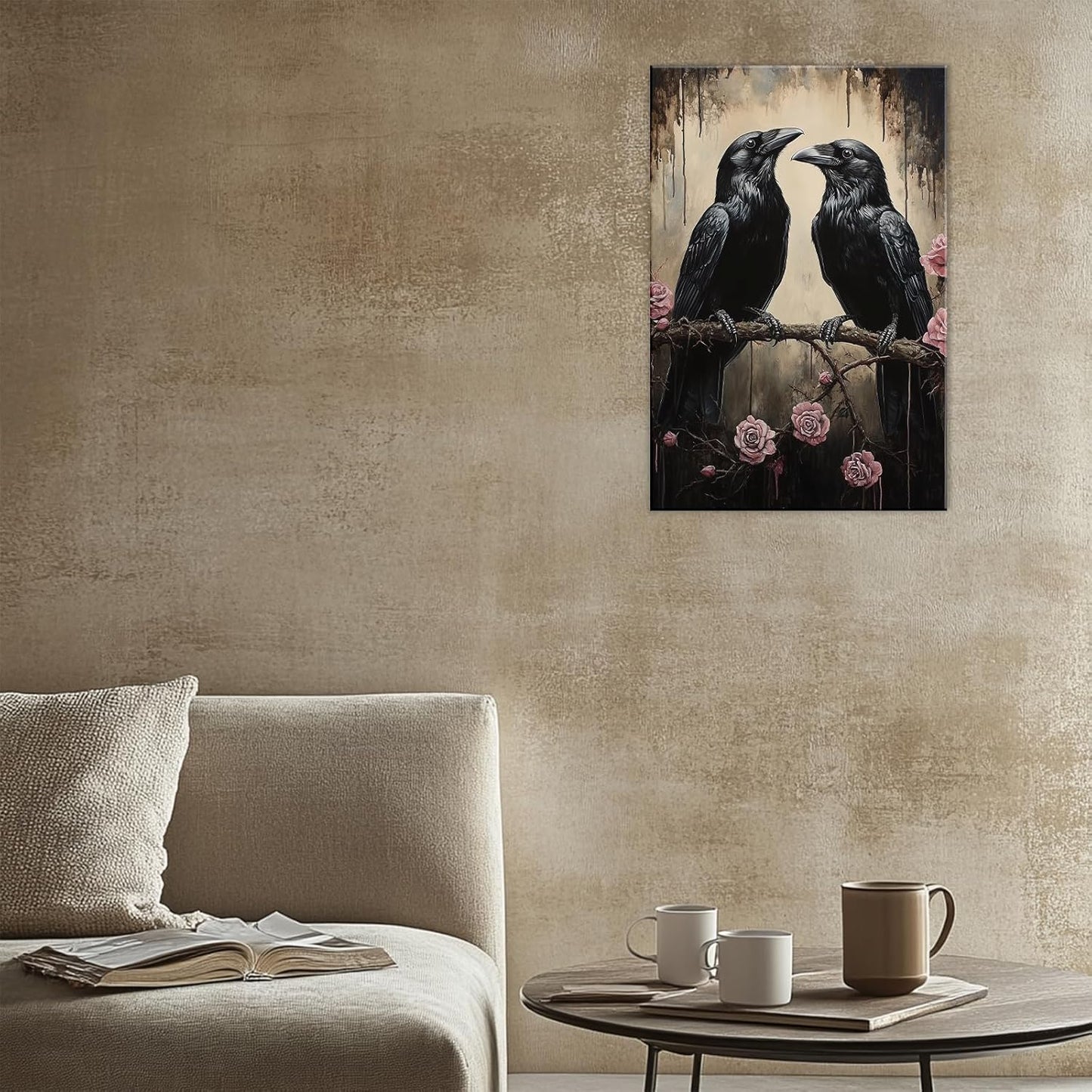 OAAPITI Crow Canvas Wall Art Black Raven Picture Print Pink Rose Poster Vintage Gothic Painting Artwork for Living Room Halloween Decor(Artwork-6,24"x36")