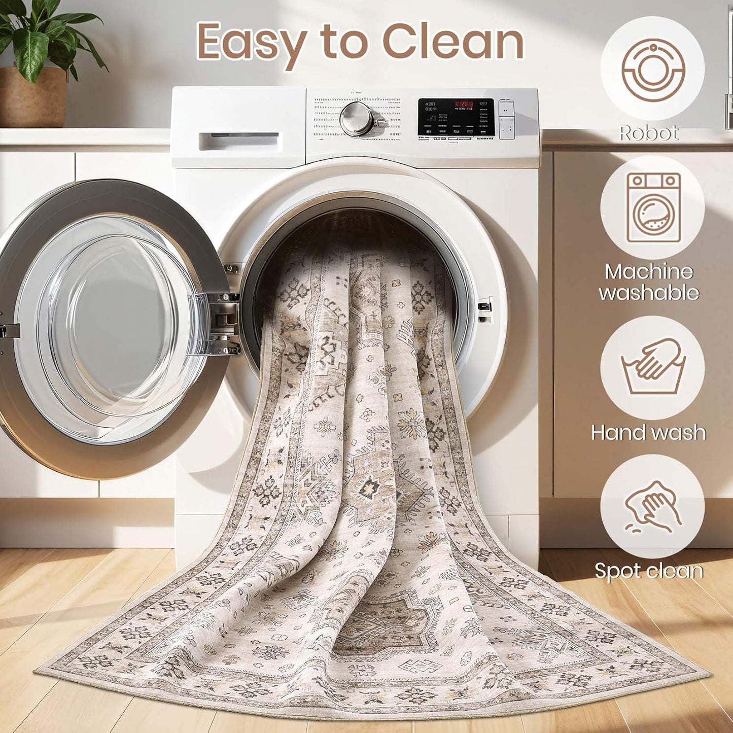 Washable Area Rugs for Living Room - 7x9 Neutral Vintage Distressed Floral Farmhouse Boho Large Soft Floor Rug Indoor Non Slip Carpet for Living Room Bedroom Dining Room Office - Beige Brown